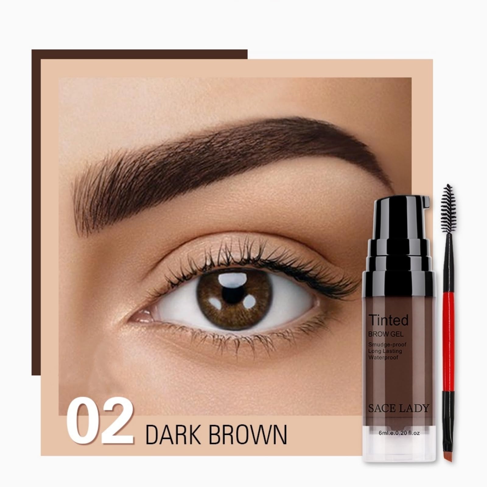 SACE LADY brow cream kit showing the 02 Dark Brown shade swatch on skin.