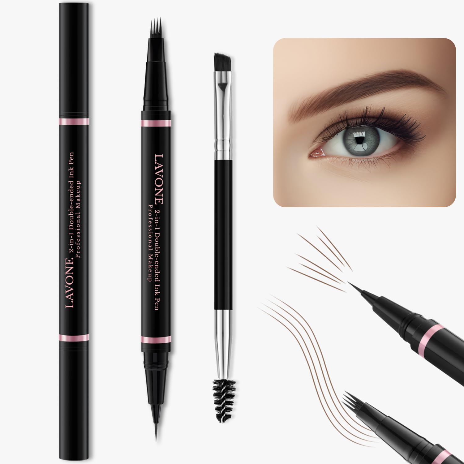 Lavone 2 in 1 microblading eyebrow pen and pomade container with dual ended brush.