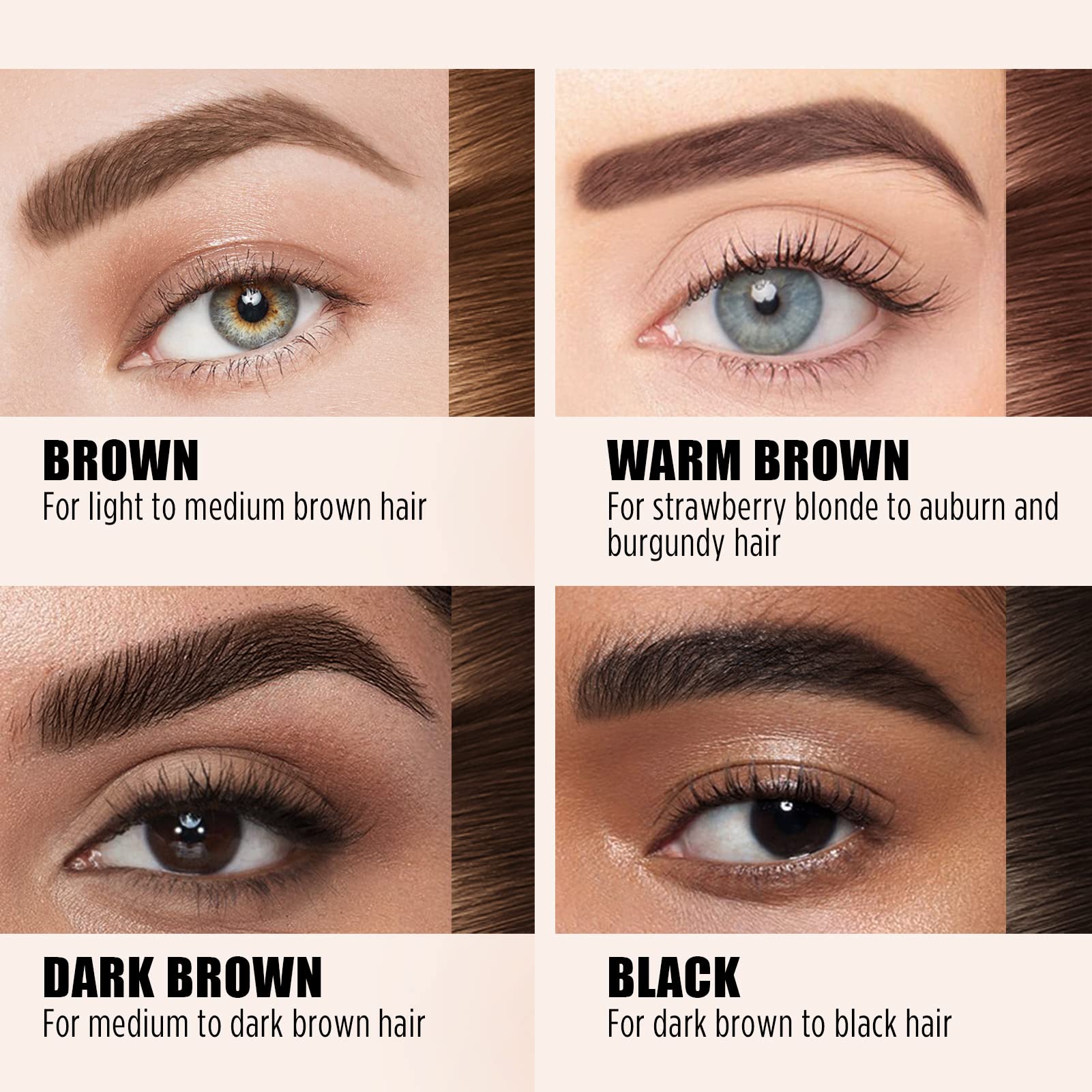 Before and after comparison of sparse brows versus filled defined eyebrows using the hypoallergenic tattoo tint