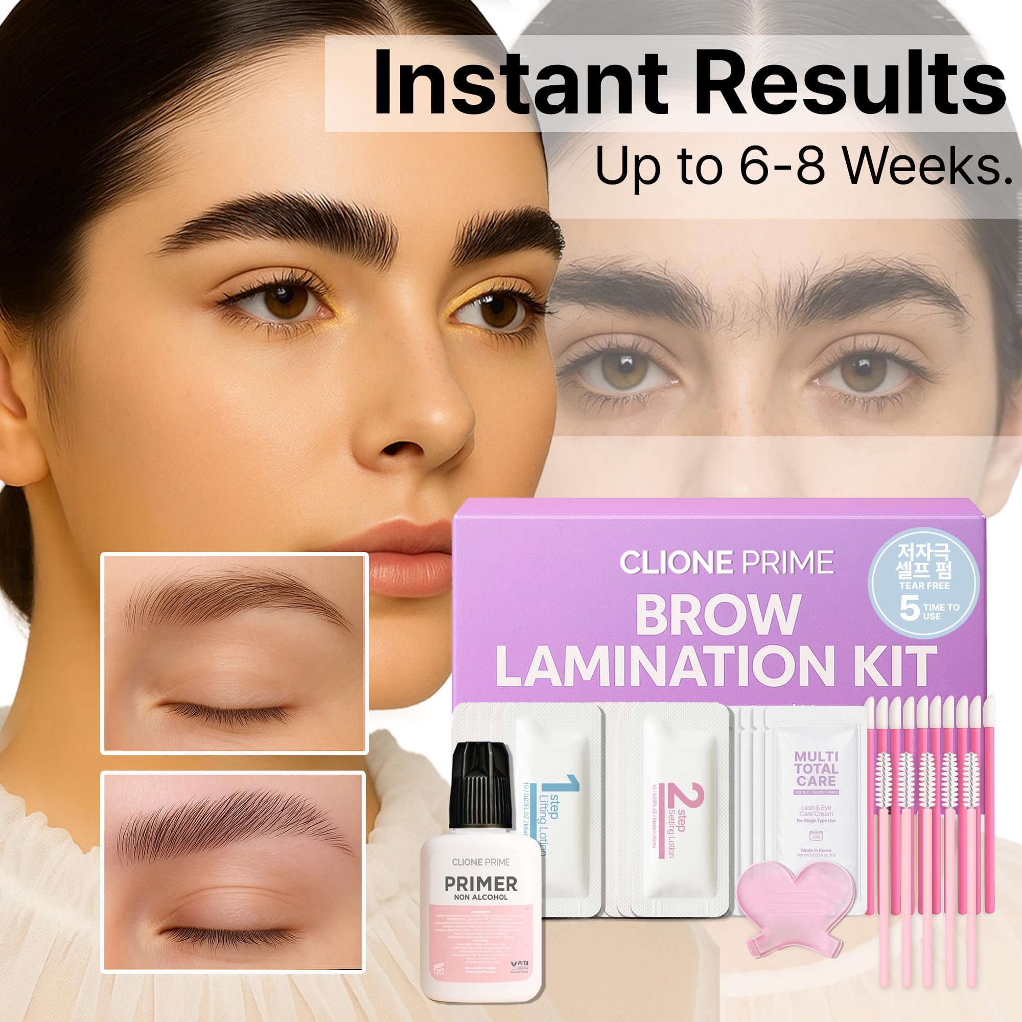 Before and after results of the professional brow lift kit showing thicker feathered brows.