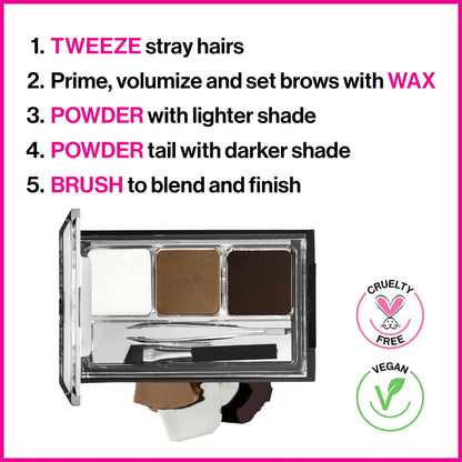 Wet N Wild eyebrow kit open displaying the two matte powders, setting wax, and built-in mirror.