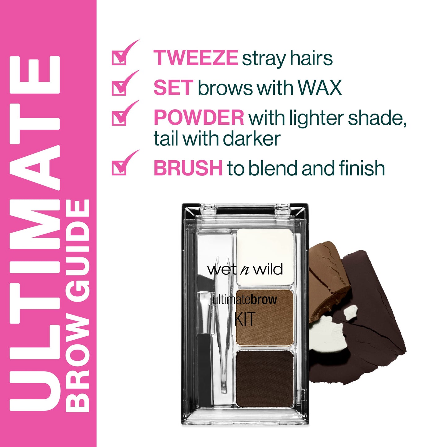 Wet N Wild dark brown brow powder and wax layout with the included mini tweezers and angled brush.