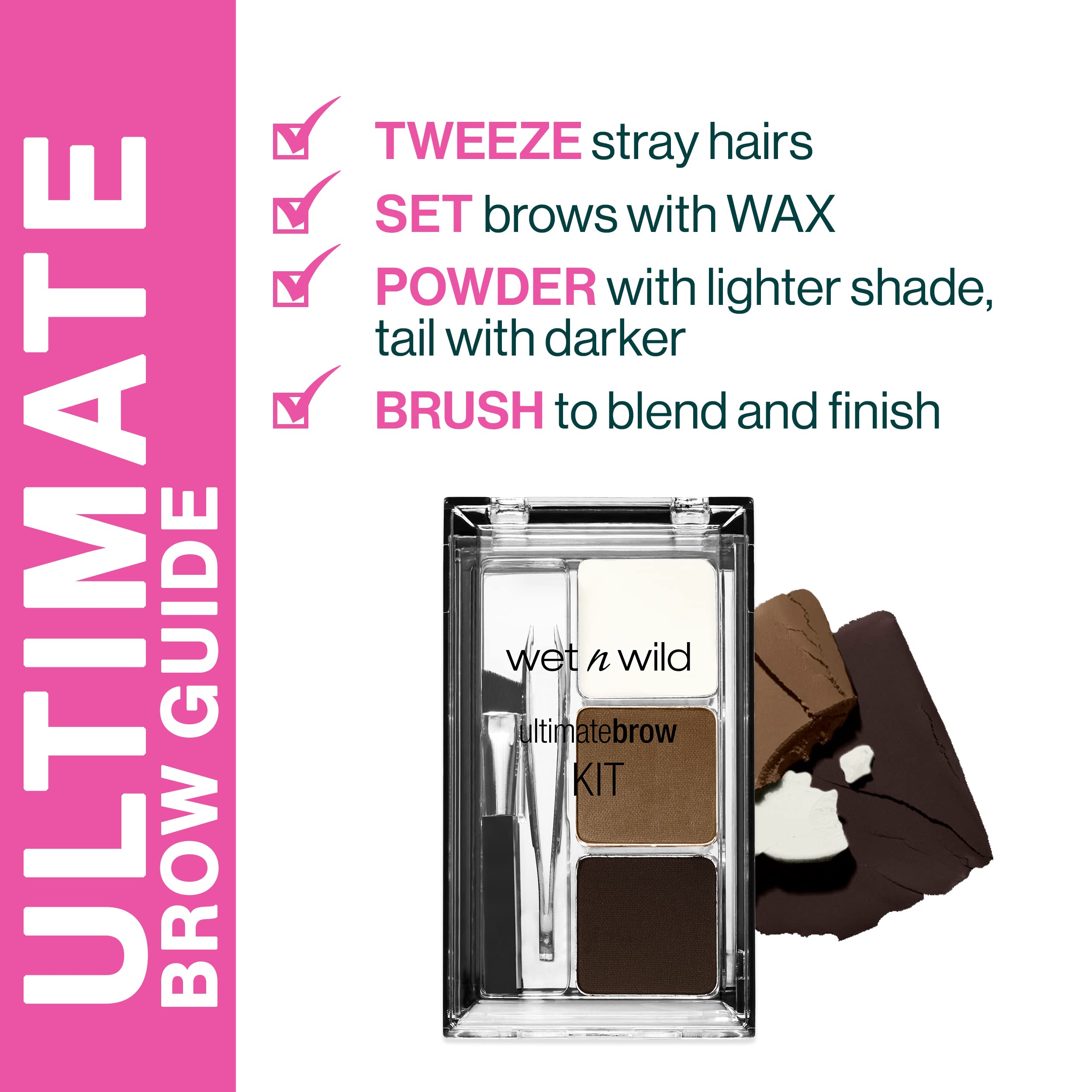 Wet N Wild dark brown brow powder and wax layout with the included mini tweezers and angled brush.