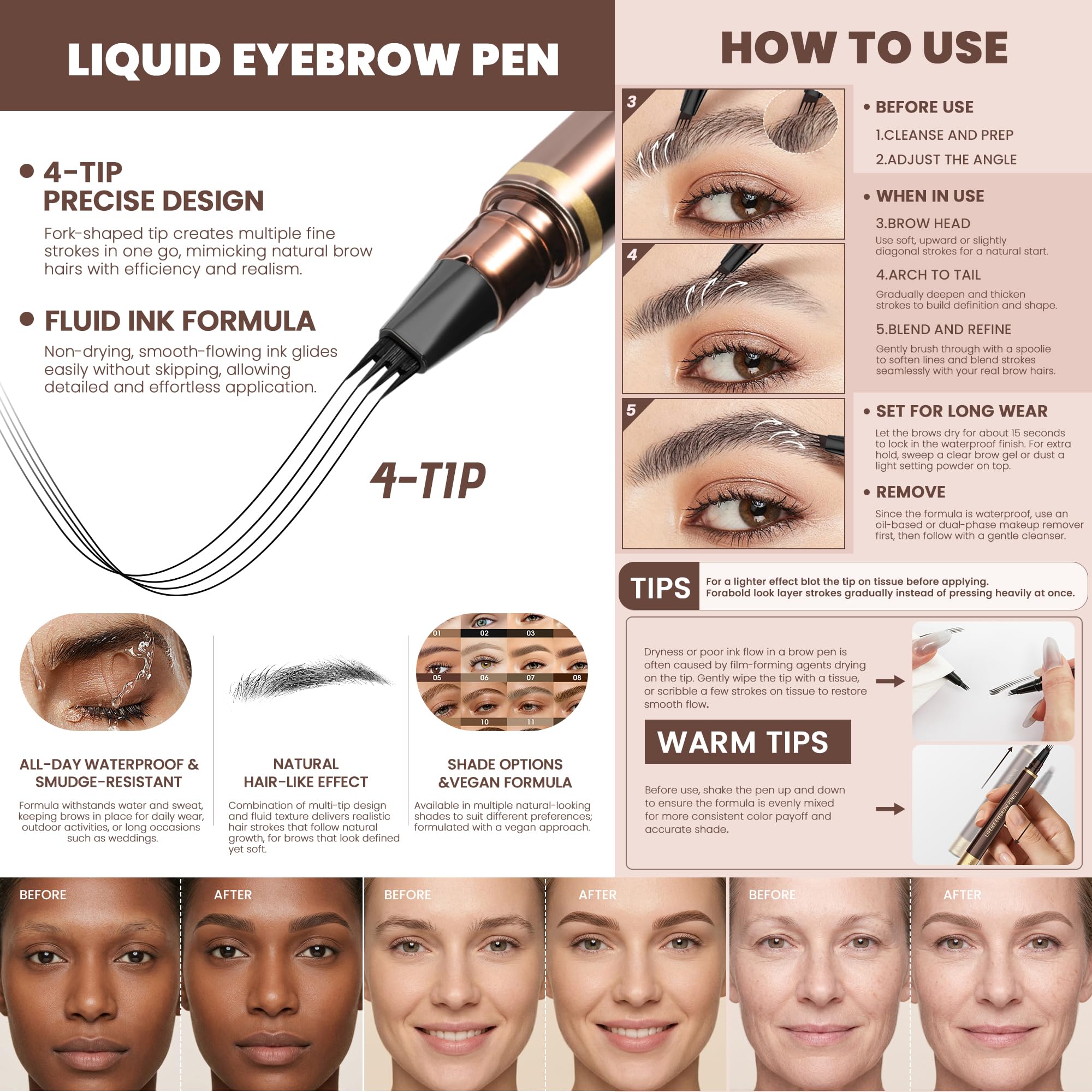 Close up of the innovative four pronged fork tip applicator on the Espoce eyebrow pencil.