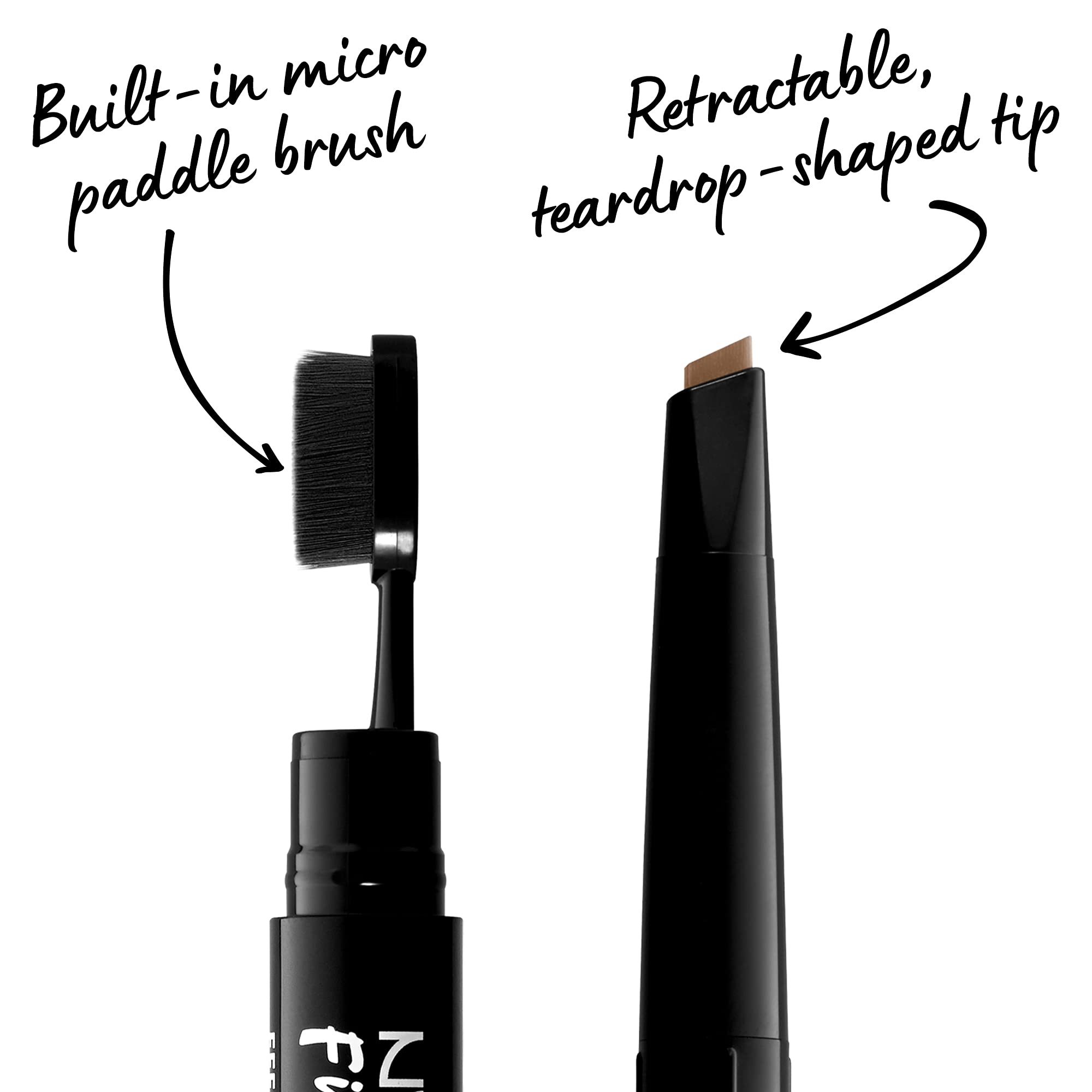 NYX cosmetics brow pencil showcasing the innovative micro paddle brush for fluffing.