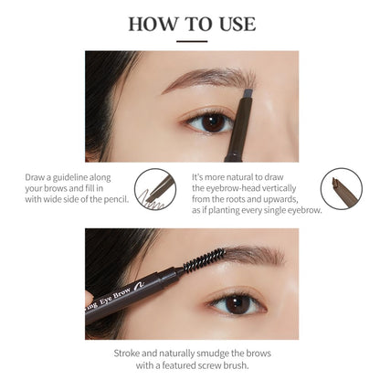 Etude triangular brow pencil being held to demonstrate the ergonomic design.