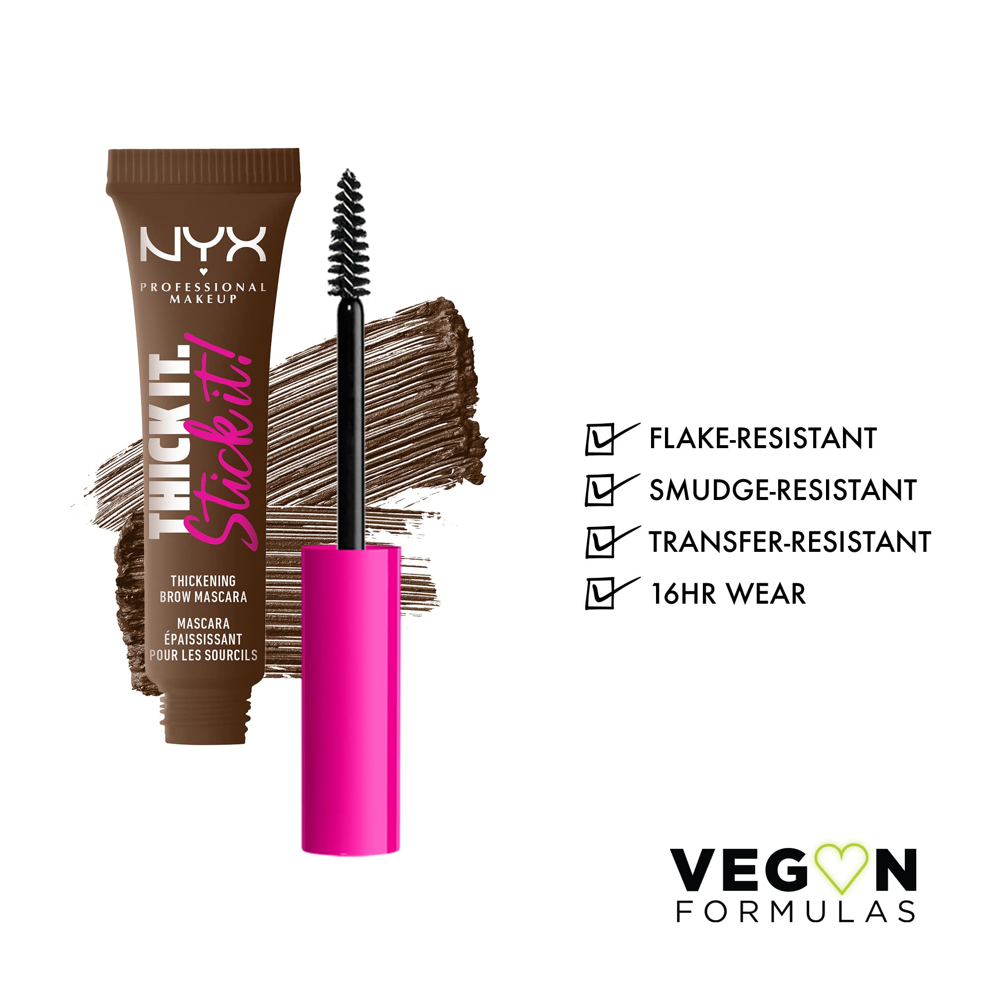 Tinted eyebrow gel tube with the tapered brush applicator coated in Brunette formula.