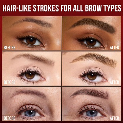 Vevivia microfork tip brow pen in Dark Brown highlighting the precise hair like stroke applicator.