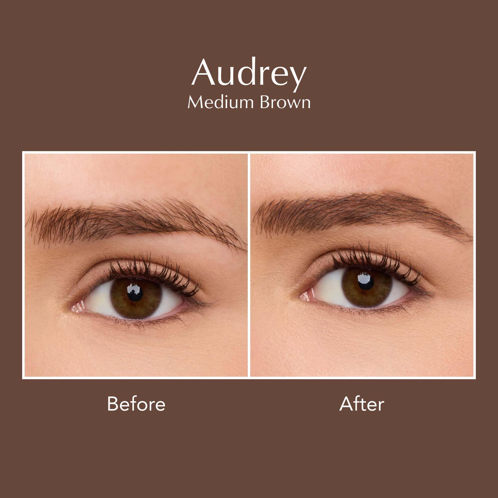 Thrive Causemetics semi permanent eyebrow gel swatch in Audrey Medium Brown on skin