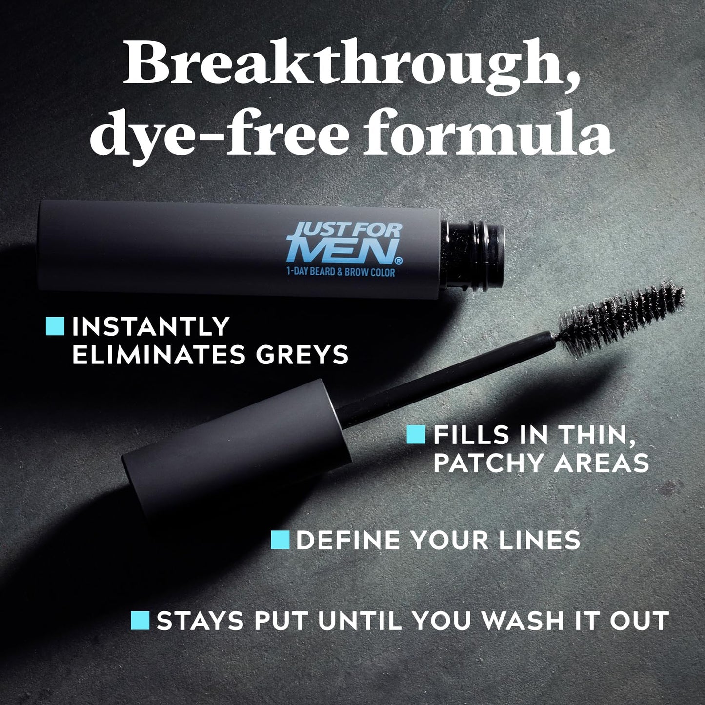 Side view of Just For Men 9 milliliters tube highlighting the hypoallergenic dye-free formula