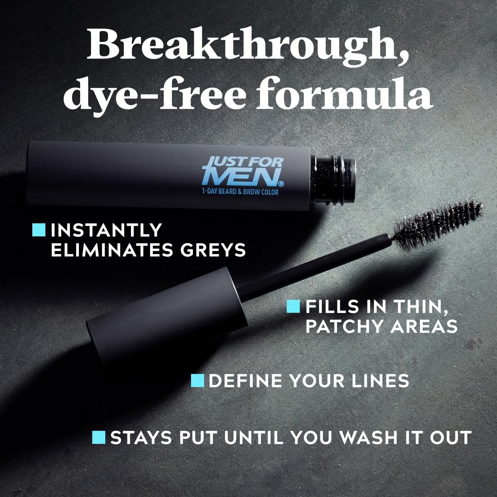Side view of Just For Men 9 milliliters tube highlighting the hypoallergenic dye-free formula
