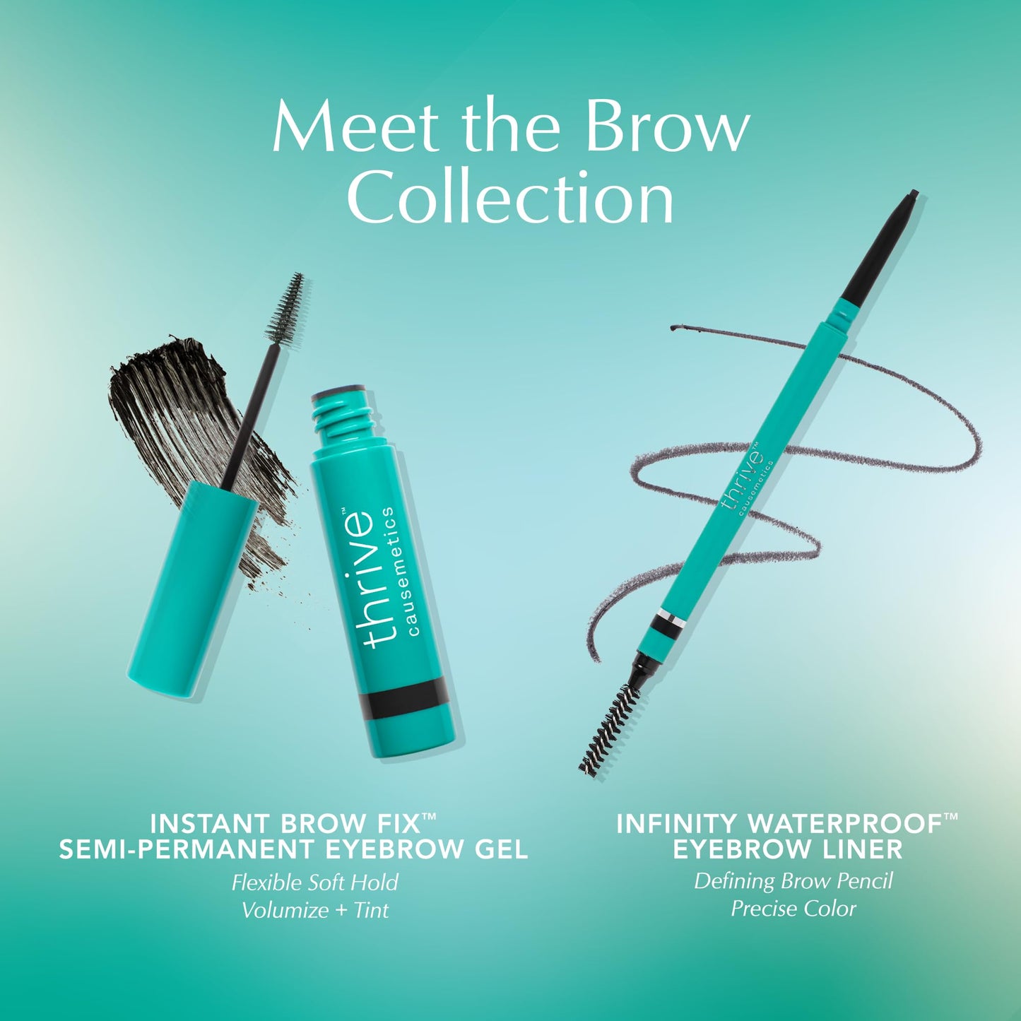 Thrive Causemetics Audrey Medium Brown eyebrow tint bottle with precision wand extended