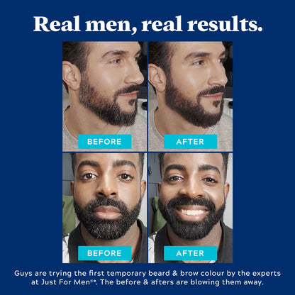 Just For Men 1-Day Beard and Brow Color in black being held to show compact travel size