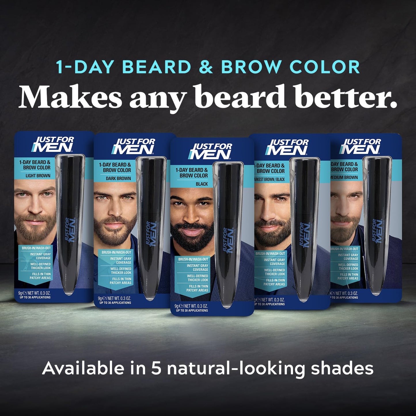 Before and after results demonstration panel on Just For Men temporary facial hair color packaging