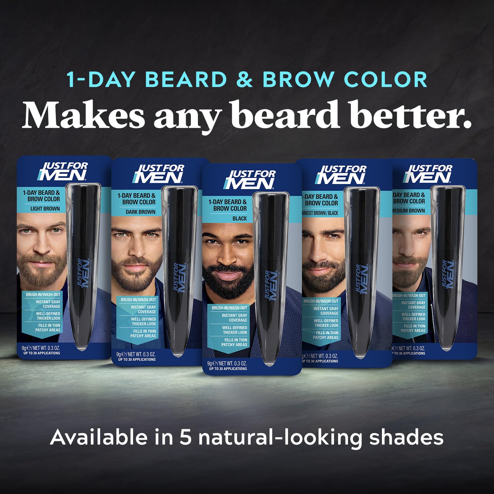 Before and after results demonstration panel on Just For Men temporary facial hair color packaging