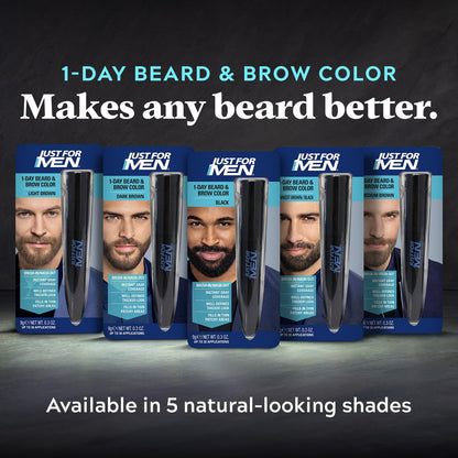 Before and after results demonstration panel on Just For Men temporary facial hair color packaging