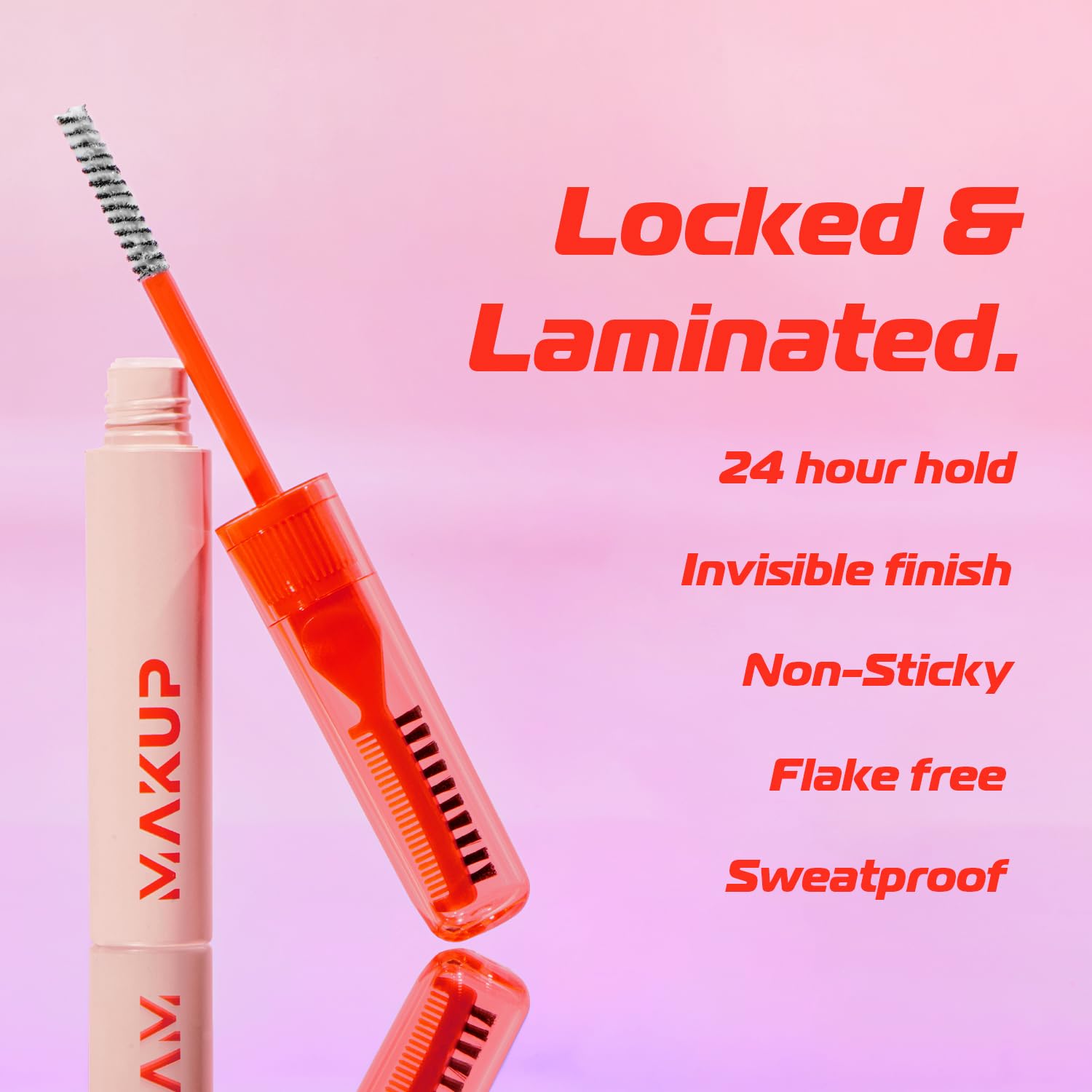Smudge proof clear brow gel infused with Vitamin E showing the precision brush design.