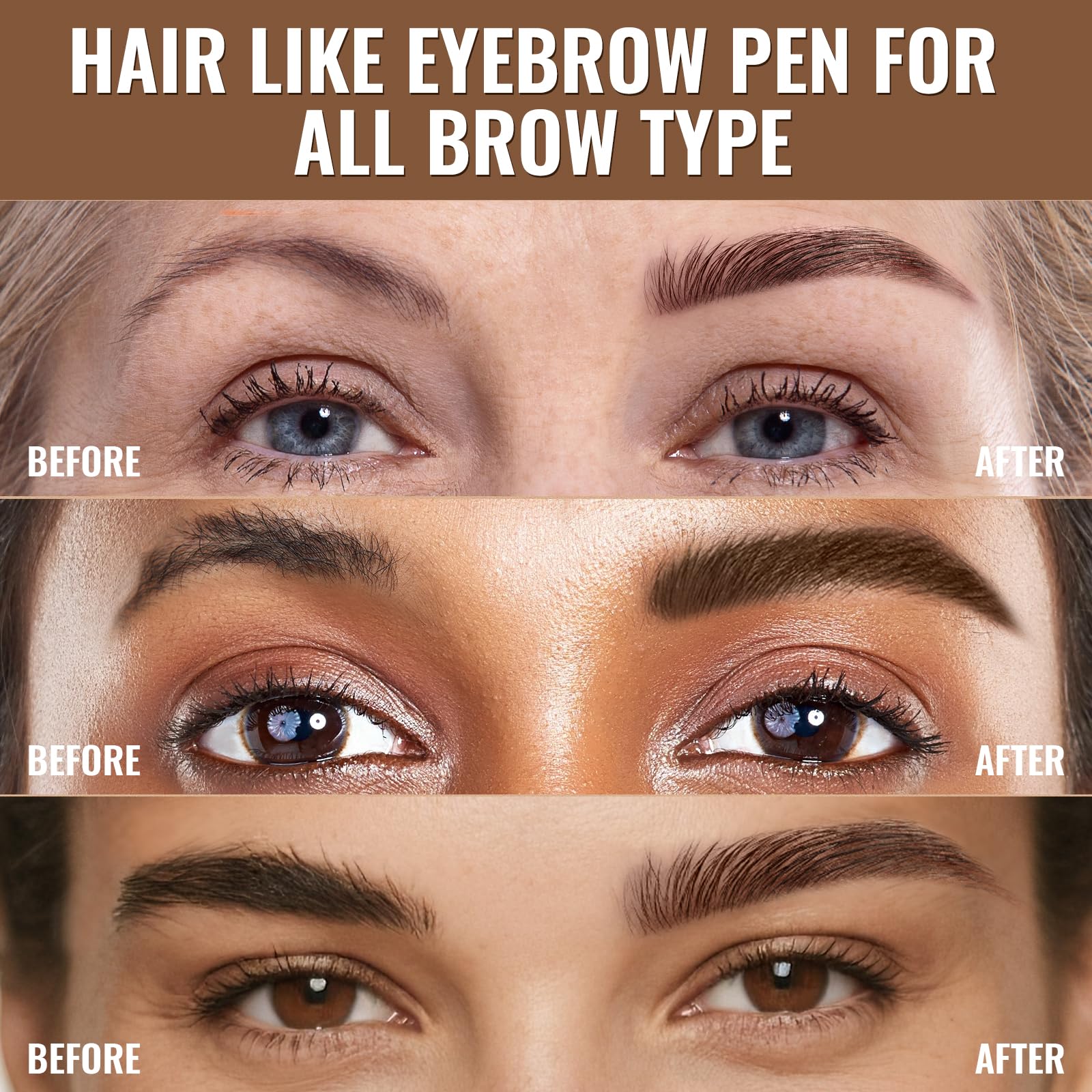 Before and after comparison using the iMethod Beauty 2-in-1 dual-ended eyebrow pen for sparse brows.