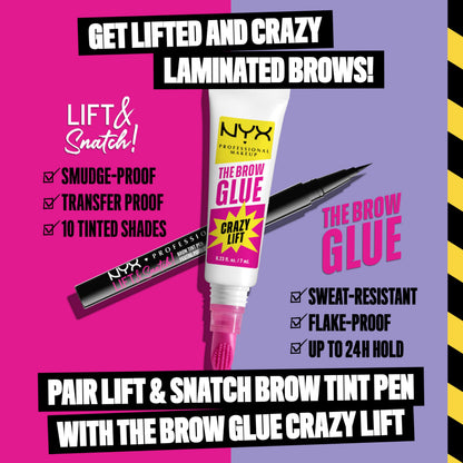 Angled view of the NYX clear brow lamination gel tube illustrating its compact travel friendly size