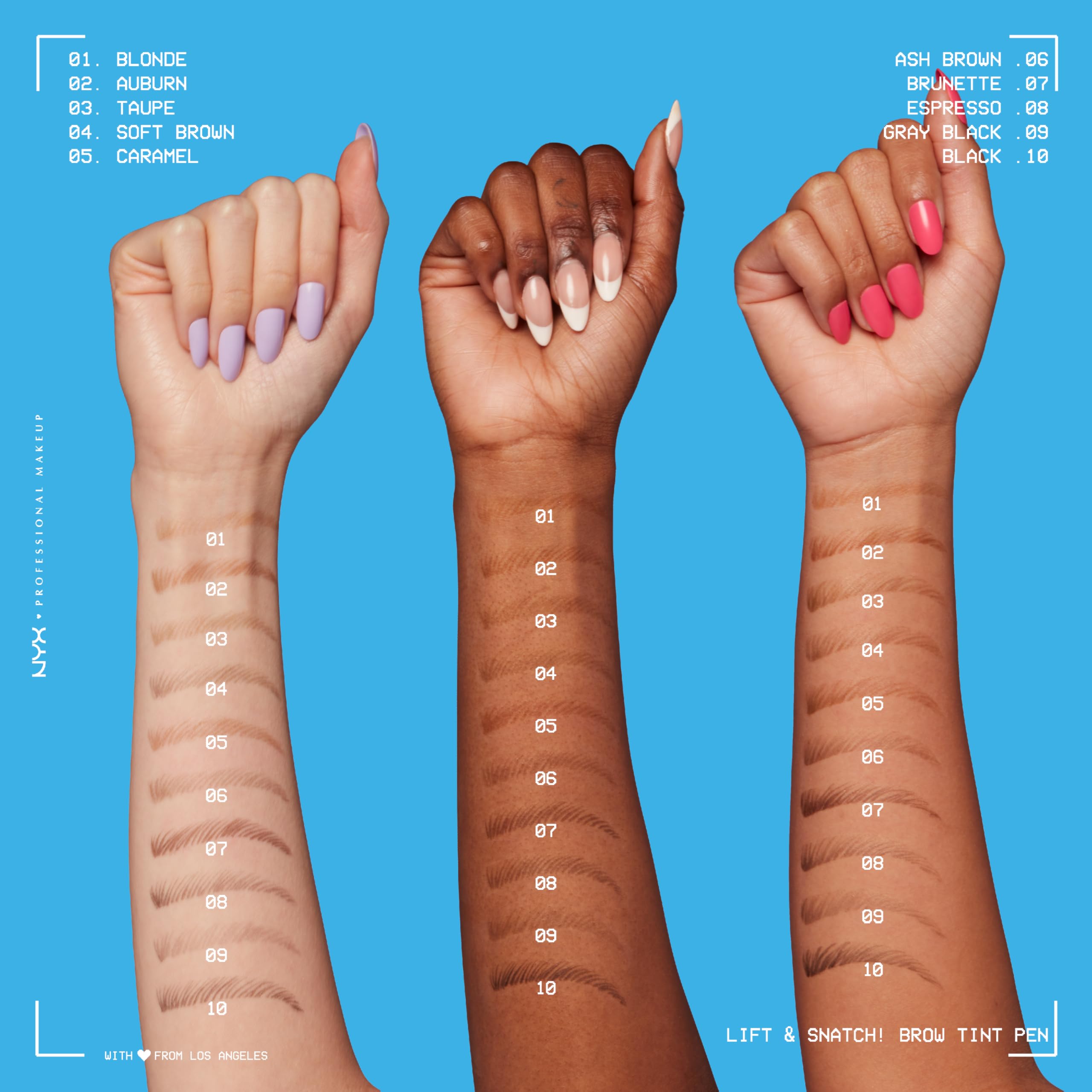 The Espresso shade swatch of the NYX brow tint pen showing thin hair like strokes.