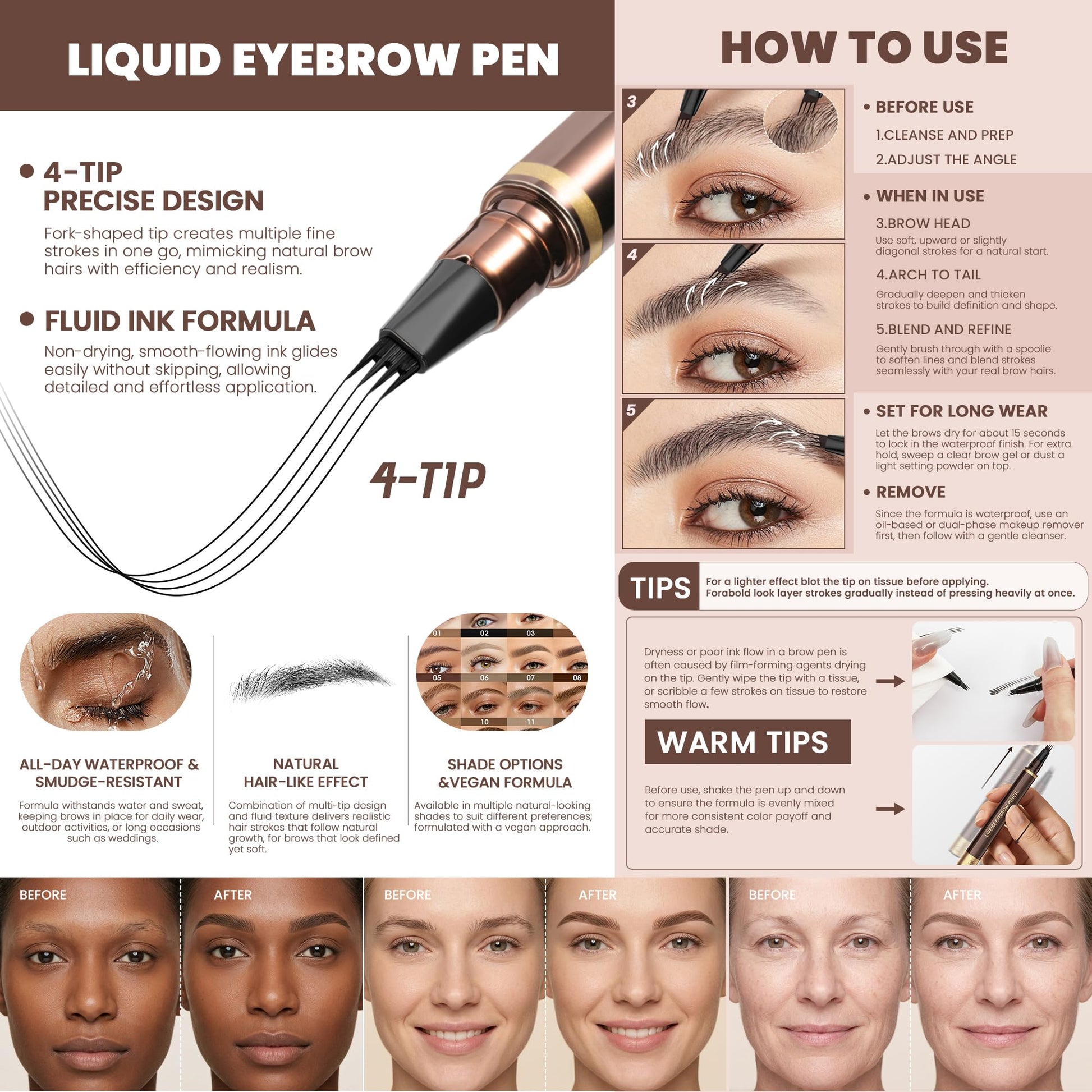 Four tip precise eyebrow pencil close up applicator fork brush