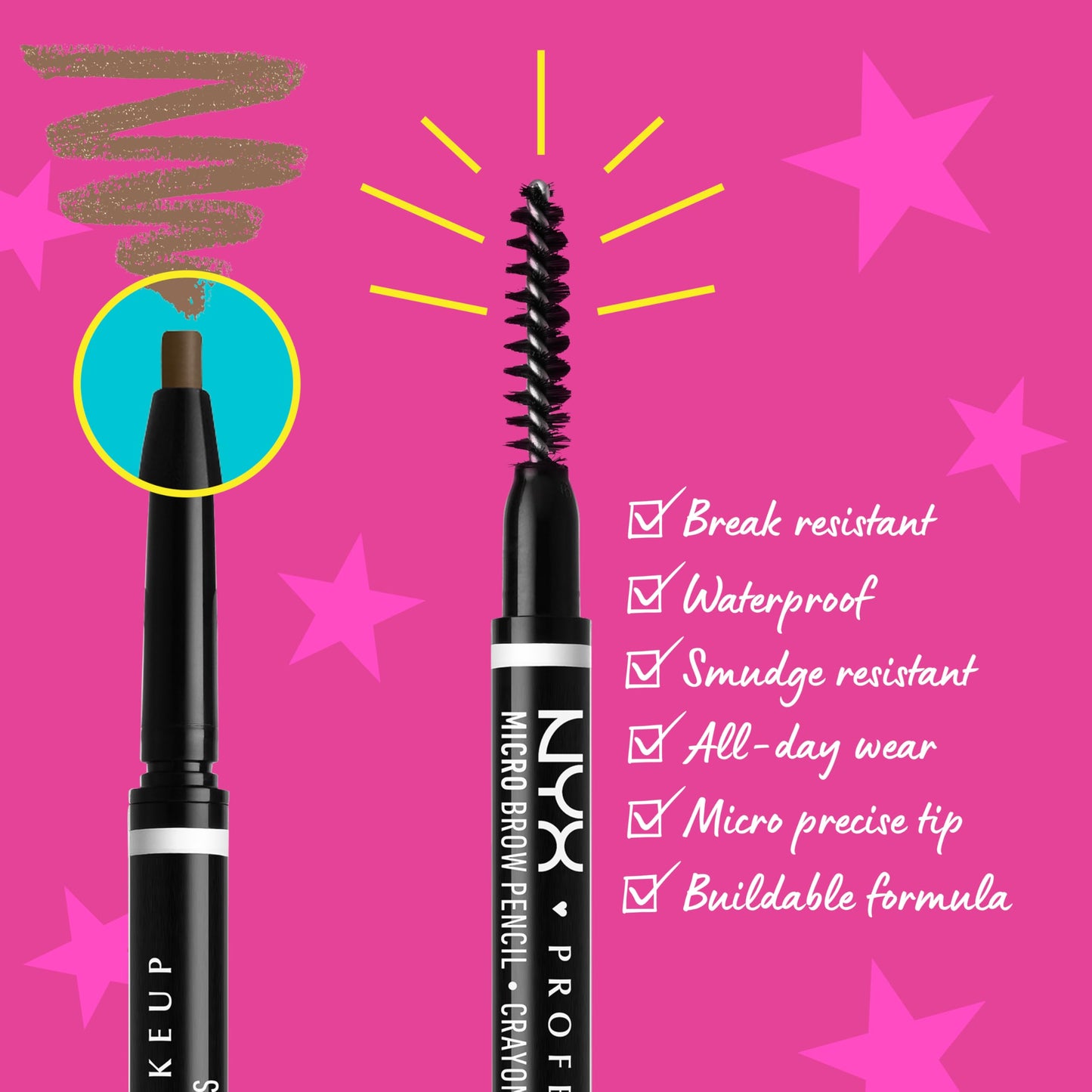 Close up view of NYX Micro Brow Pencil ultra fine tip