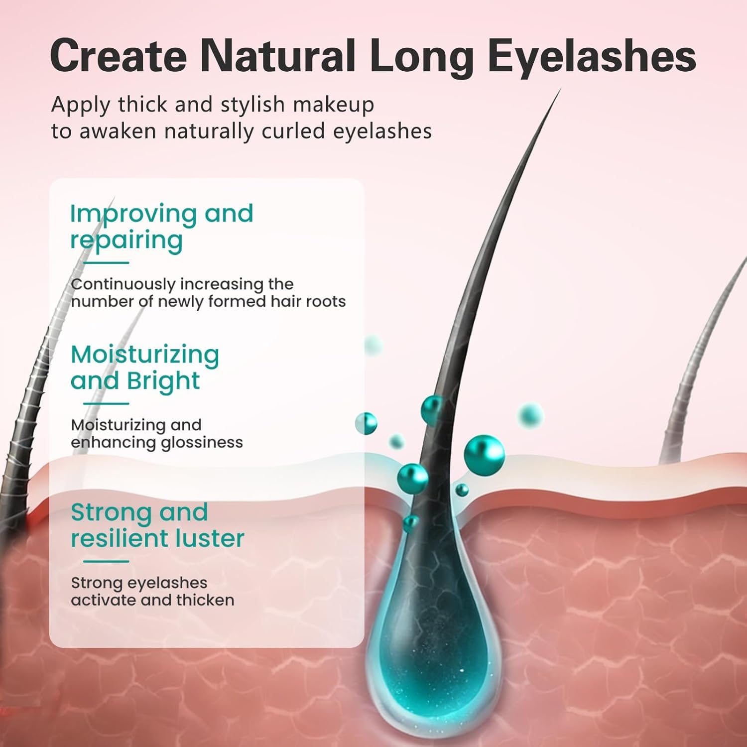 Advanced natural formula eyelash essence bottle with applicator brush showing text