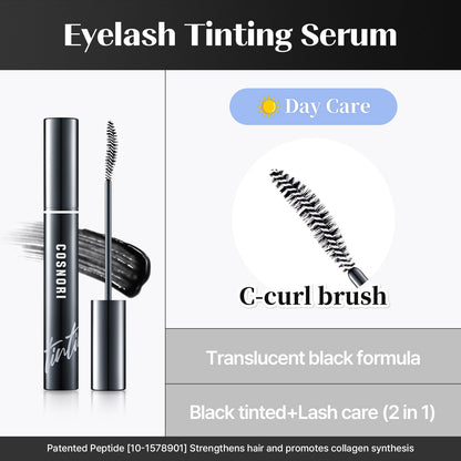 Cosnori eyebrow growth enhancer and lash tinting serum showing the dual action round tip brush for precise application.