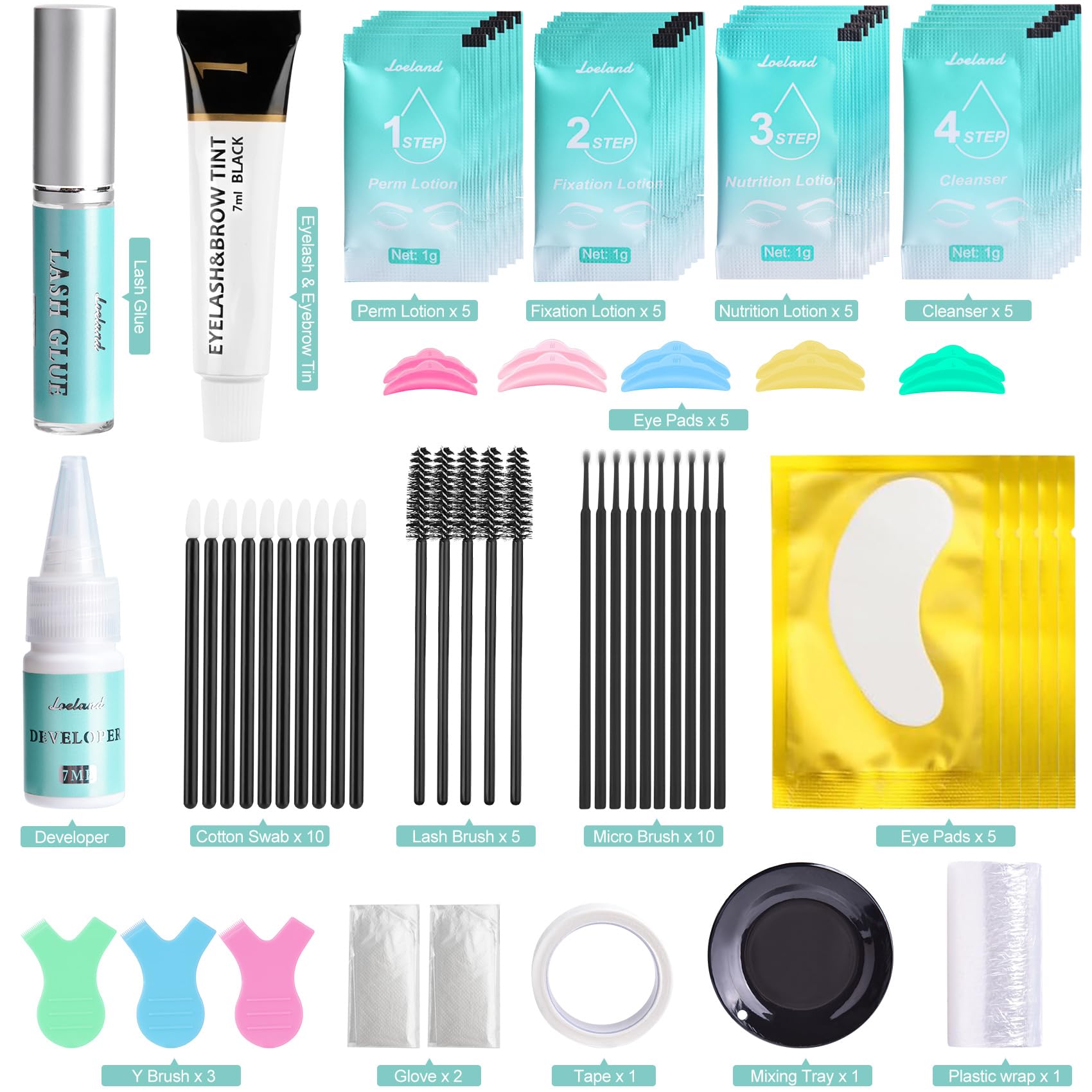 Loeland Eyelash Perm and Color Tint solution bottles arranged with silicone lifting pads