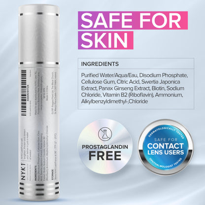 NYK1 LashForce serum box packaging detailing benefits for sensitive eyes