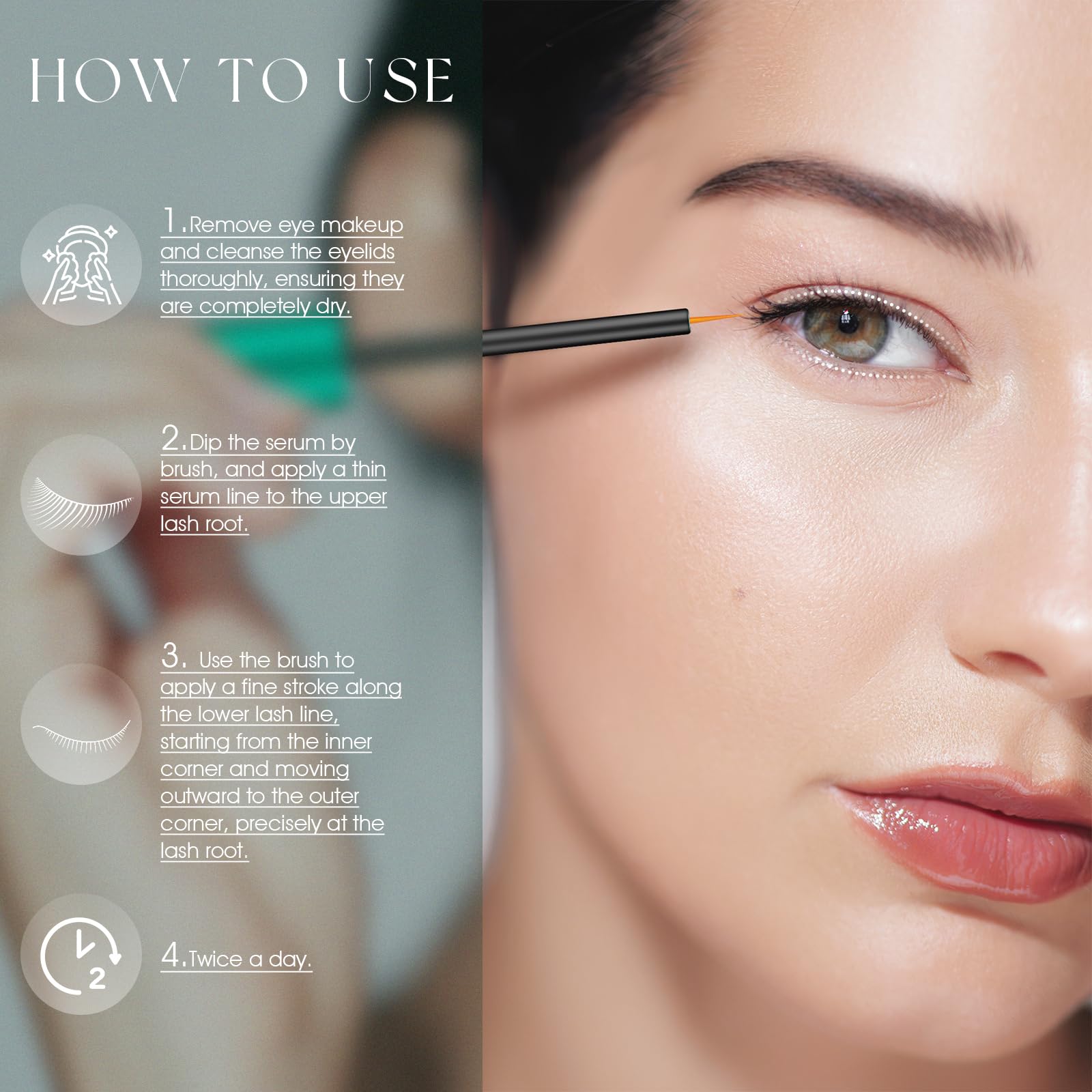 Cruelty free eyelash lengthening serum applied to upper lash line
