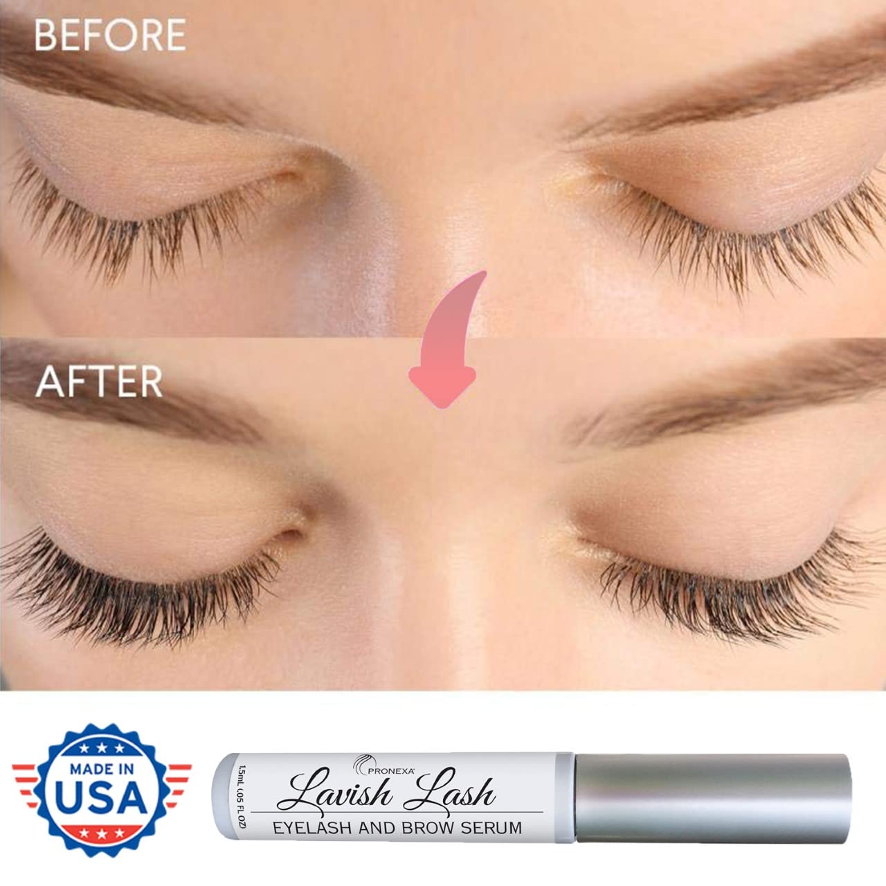Close up of Pronexa eyelash growth booster highlighting secure cap and authentic USA import label.