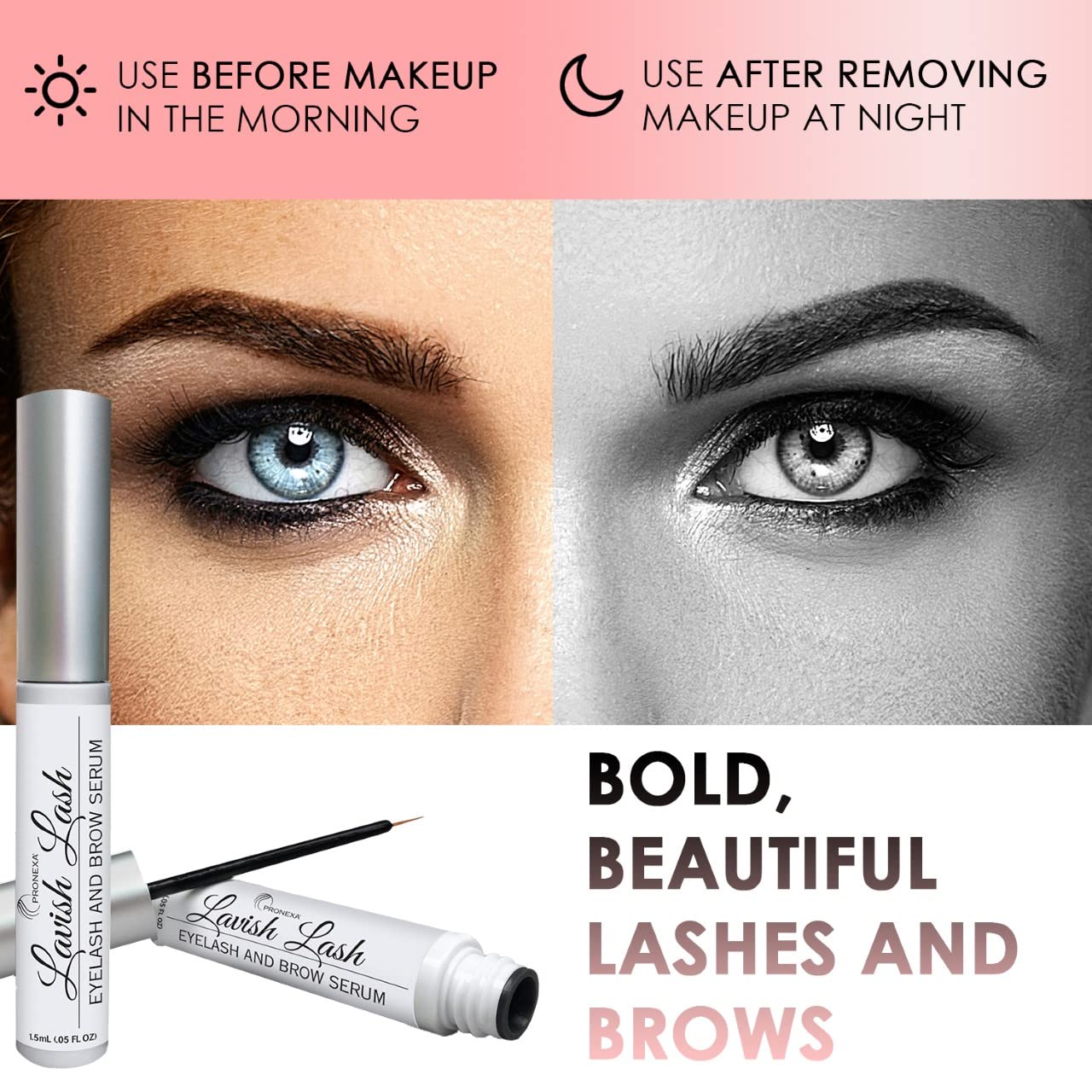 Pronexa Lavish Lash serum unboxed showing the sleek silver tube design for eyebrow thickening.