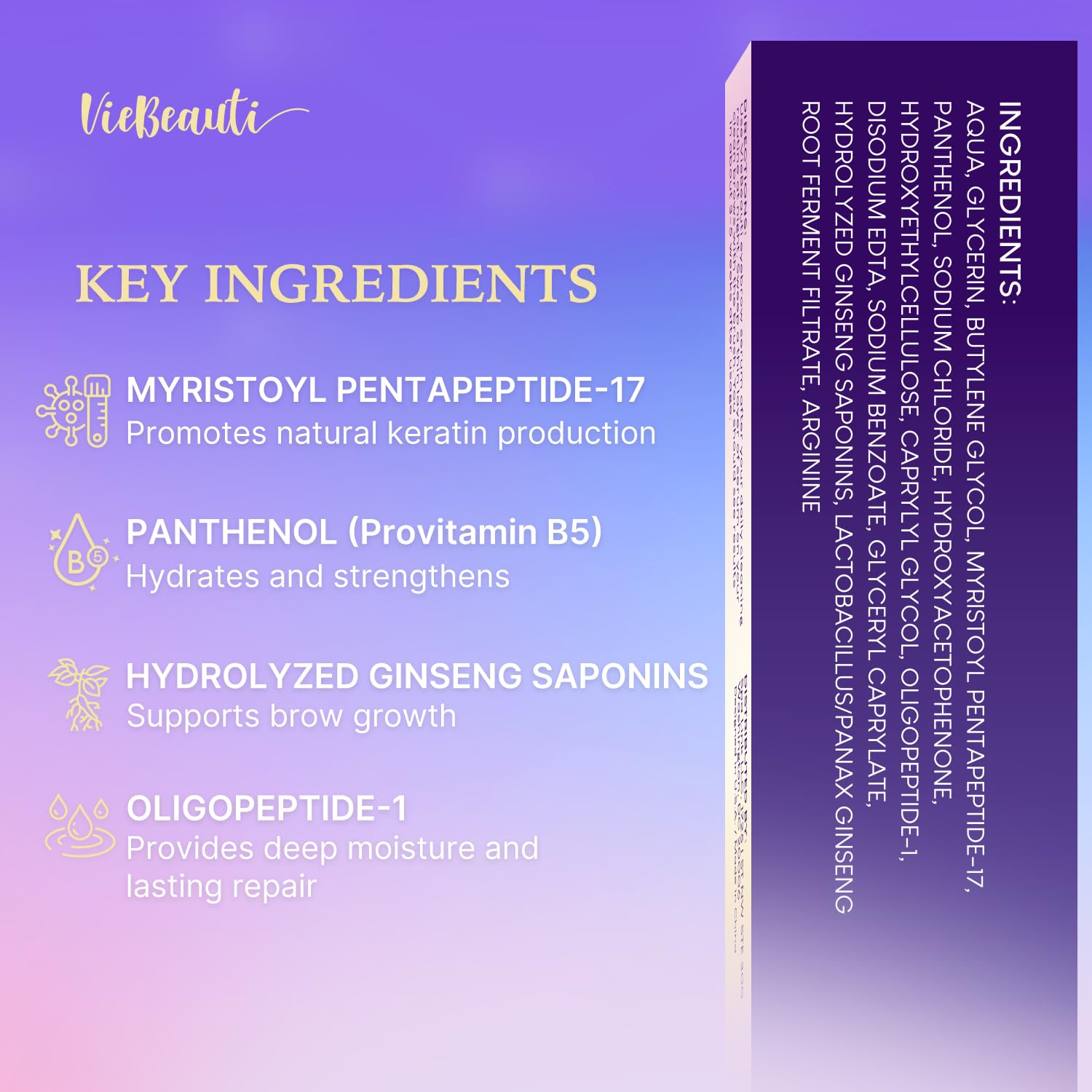 Authentic VieBeauti advanced lash enhancing formula packaging displaying three month supply specifications