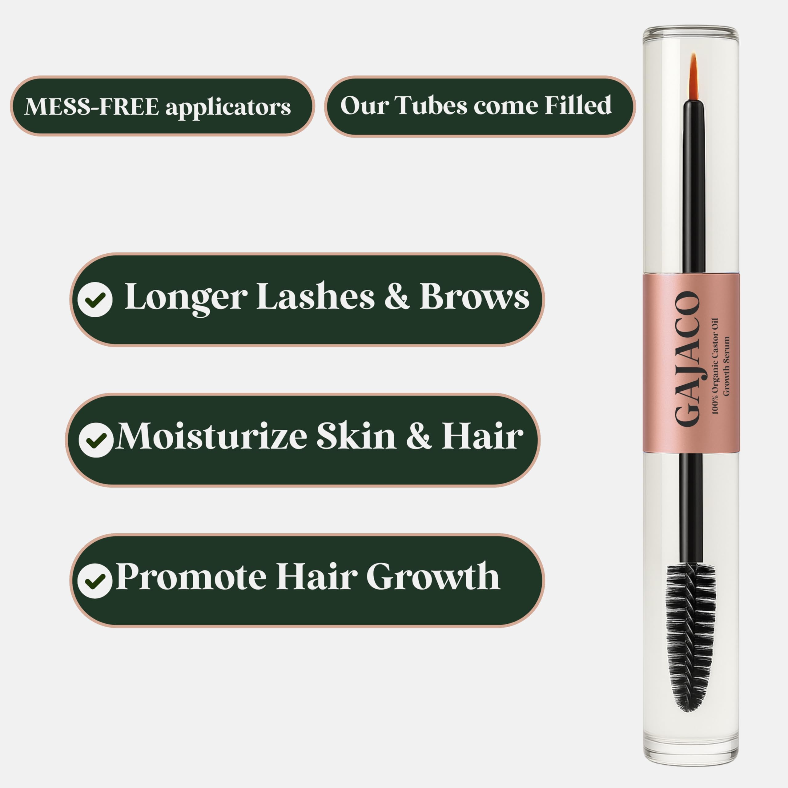 USDA Organic castor oil lash serum bottle showing the dual eyeliner brush and mascara applicator wand.