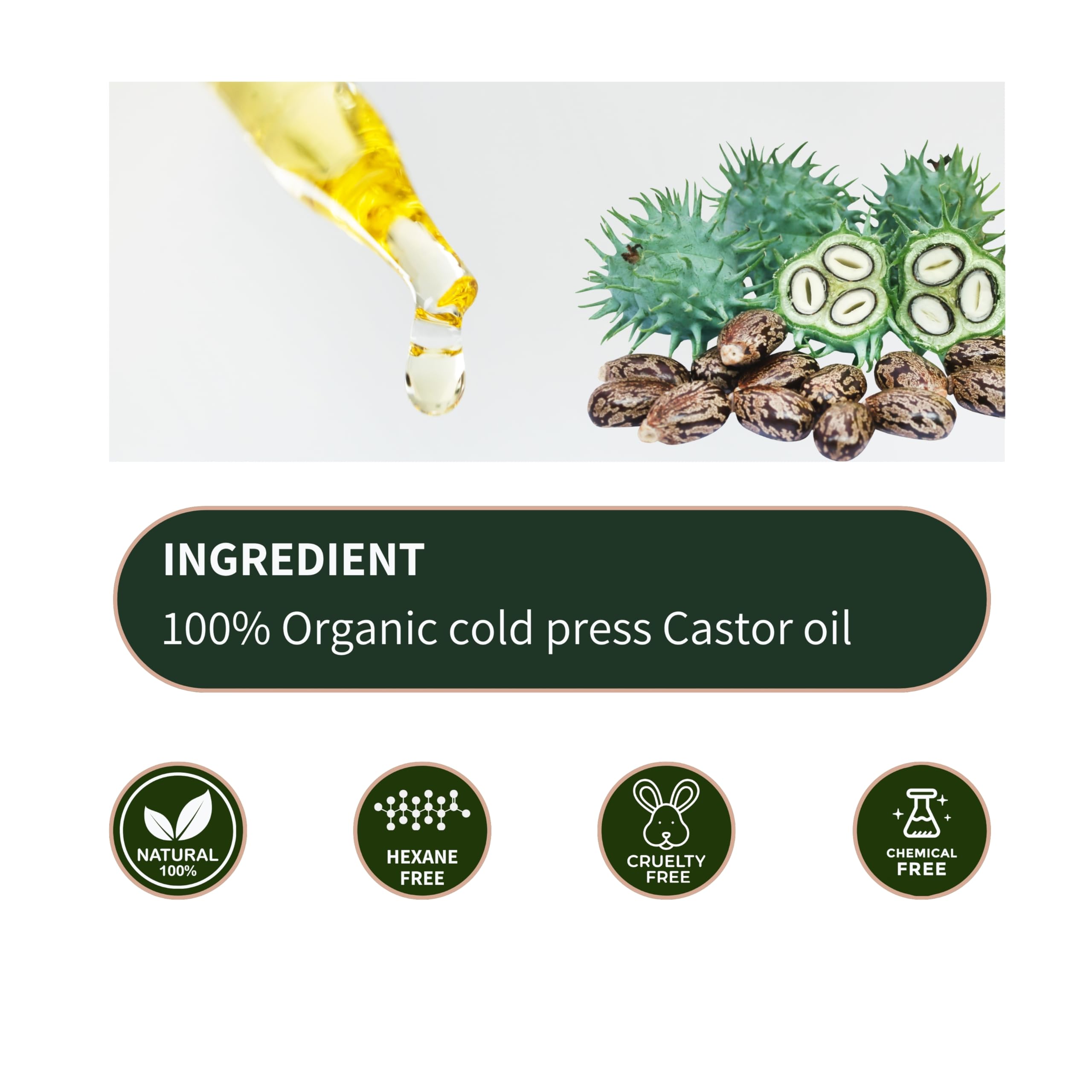 Close up view of the clear pure castor oil consistency next to the dual precise applicators.