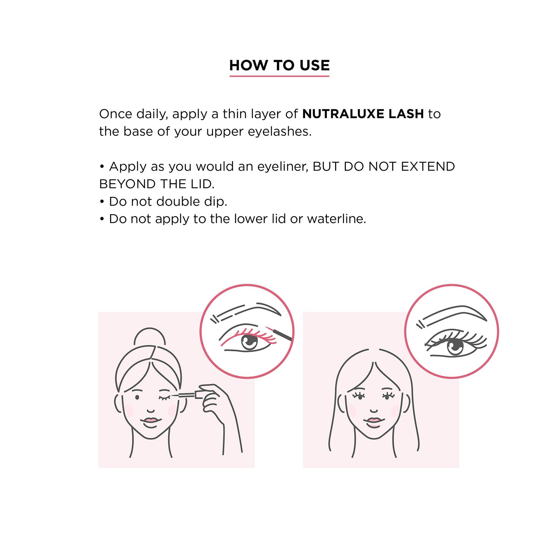 Nutra Luxe MD premium lash enhancer displaying ingredients and product directions side view