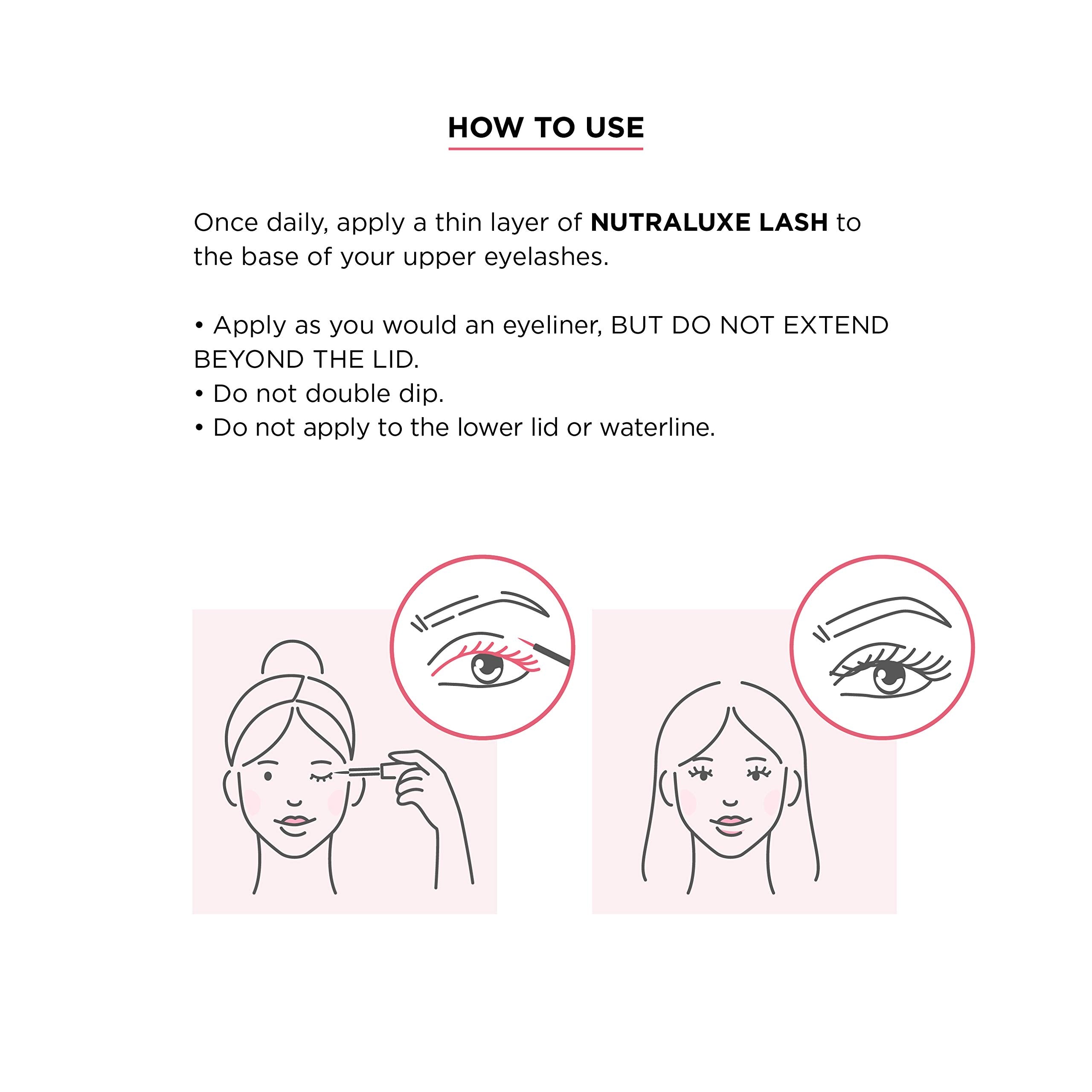 Nutra Luxe MD premium lash enhancer displaying ingredients and product directions side view