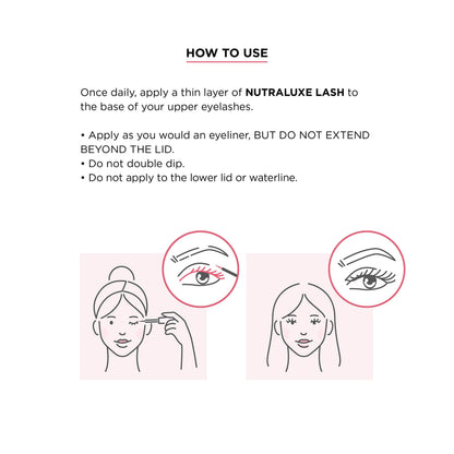 Nutra Luxe MD premium lash enhancer displaying ingredients and product directions side view