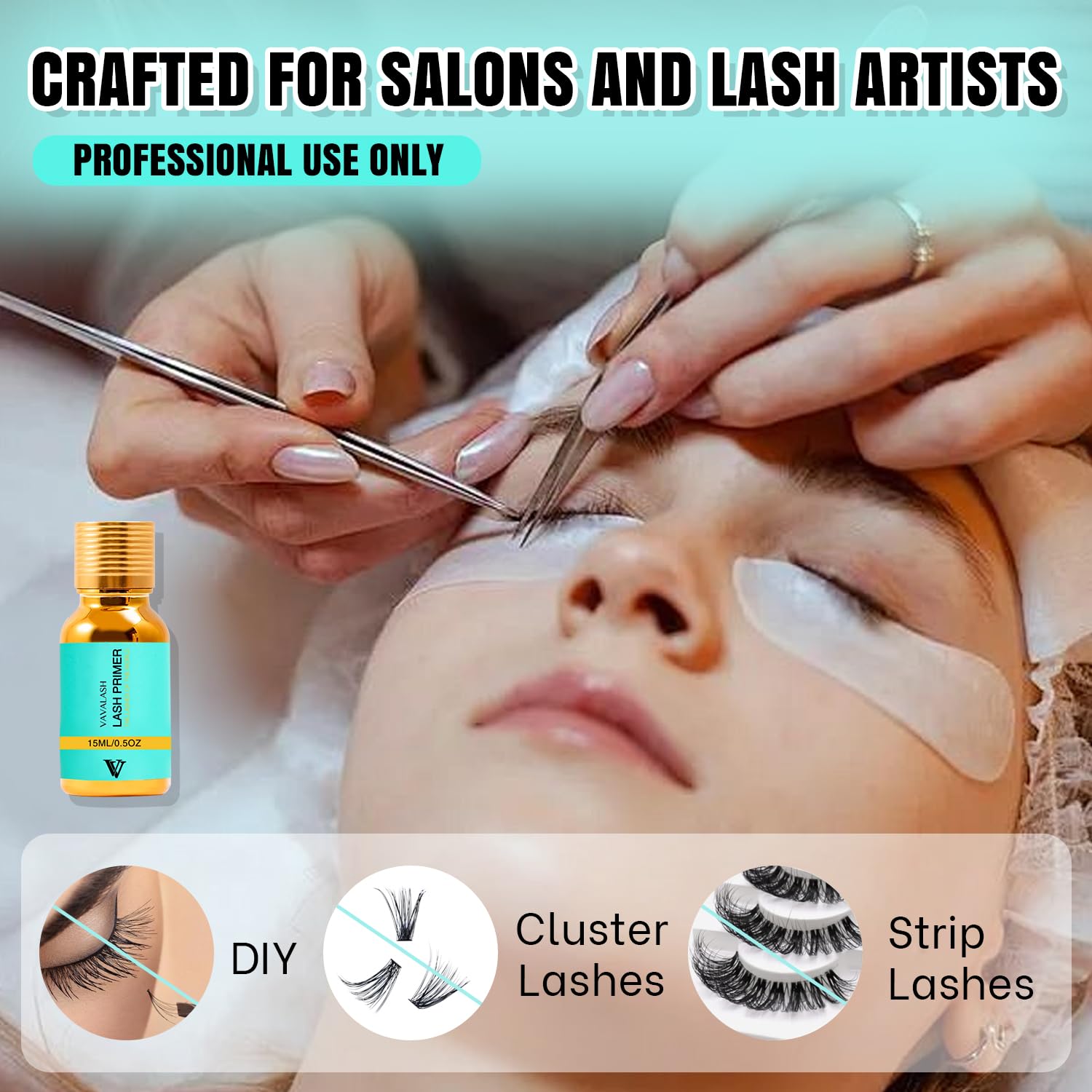 Side view of VAVALASH 15ml eyelash primer highlighting text and usage warnings