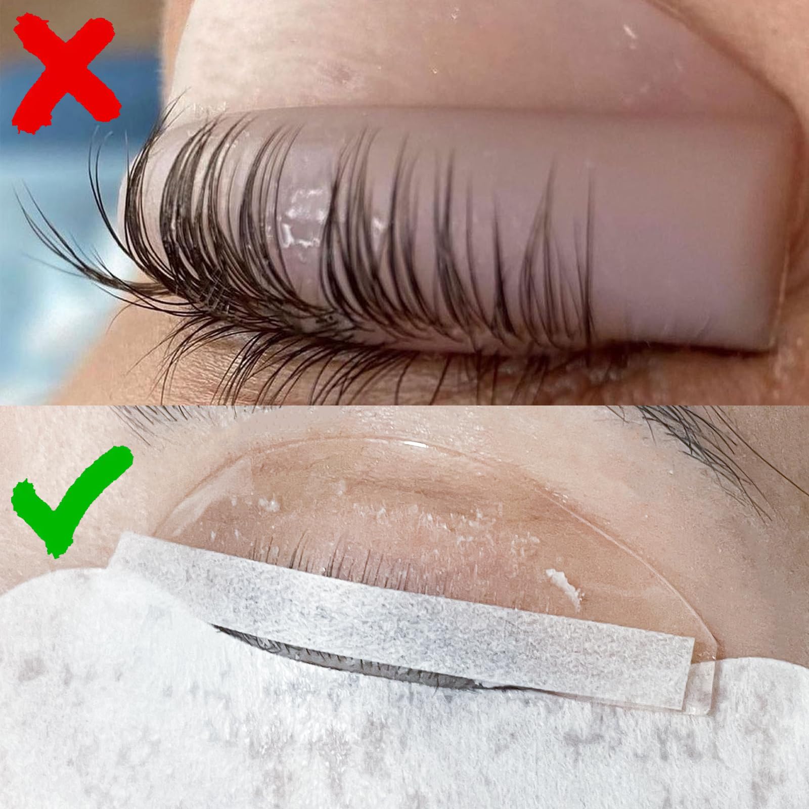 Close up view of PERMANIA eyelash perming paper applied over lashes on a silicone lifting pad during treatment.