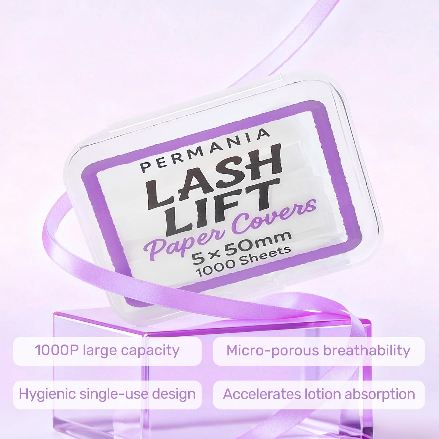 Side angle view of the 1000 piece professional lash lift ribbon pack for salon eyebrow and eyelash lamination.