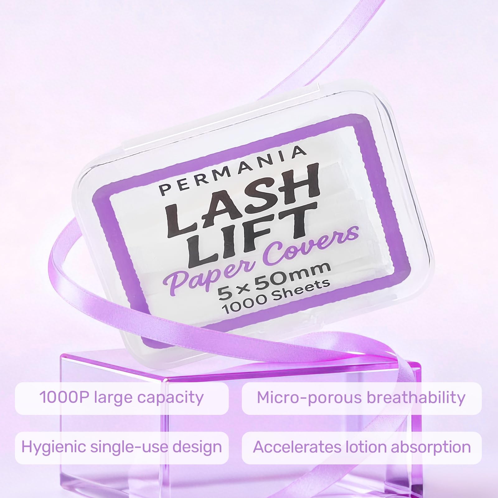 Side angle view of the 1000 piece professional lash lift ribbon pack for salon eyebrow and eyelash lamination.