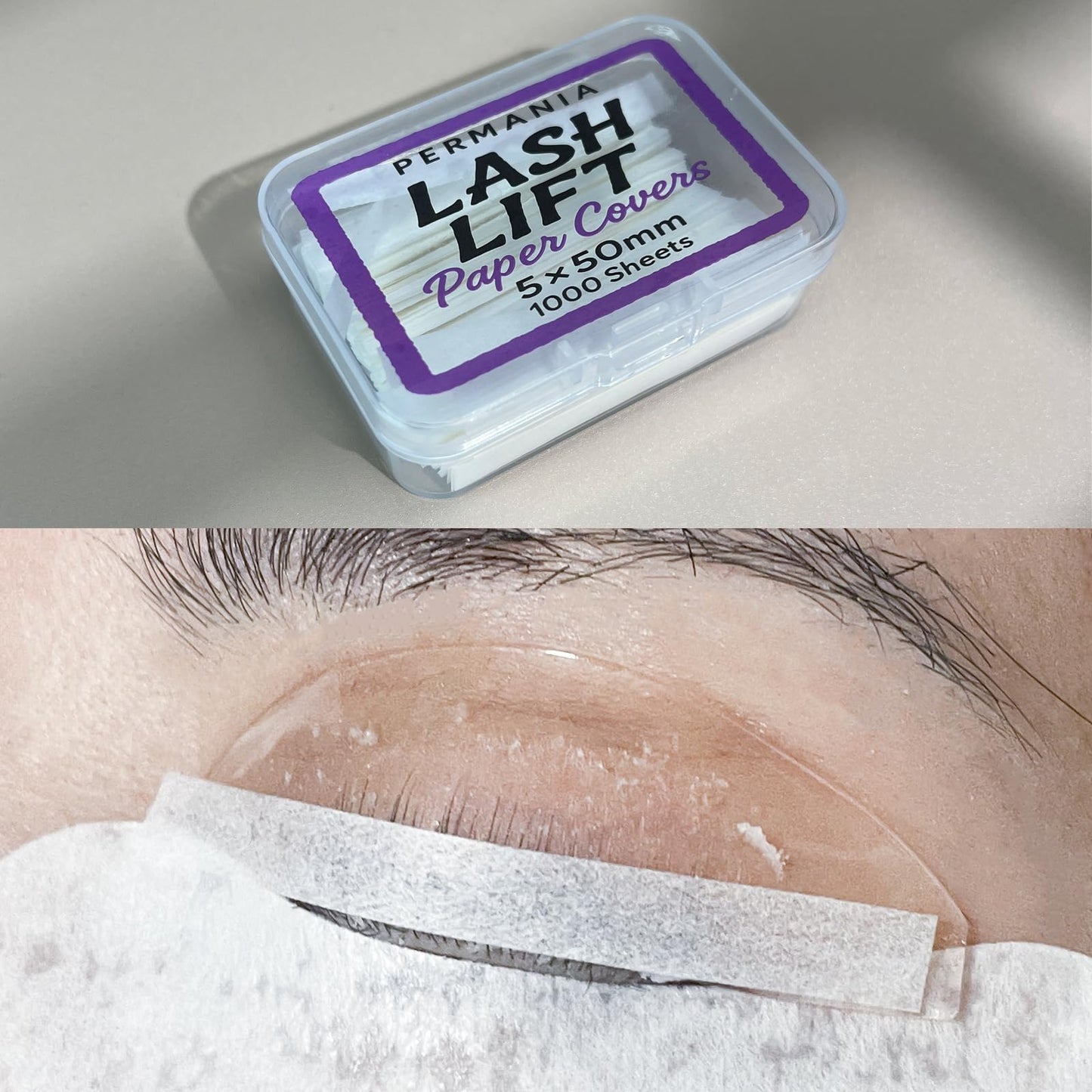 Product packaging demonstration of the hygienic PERMANIA lash perm paper bundle used for accelerating lotion processing.