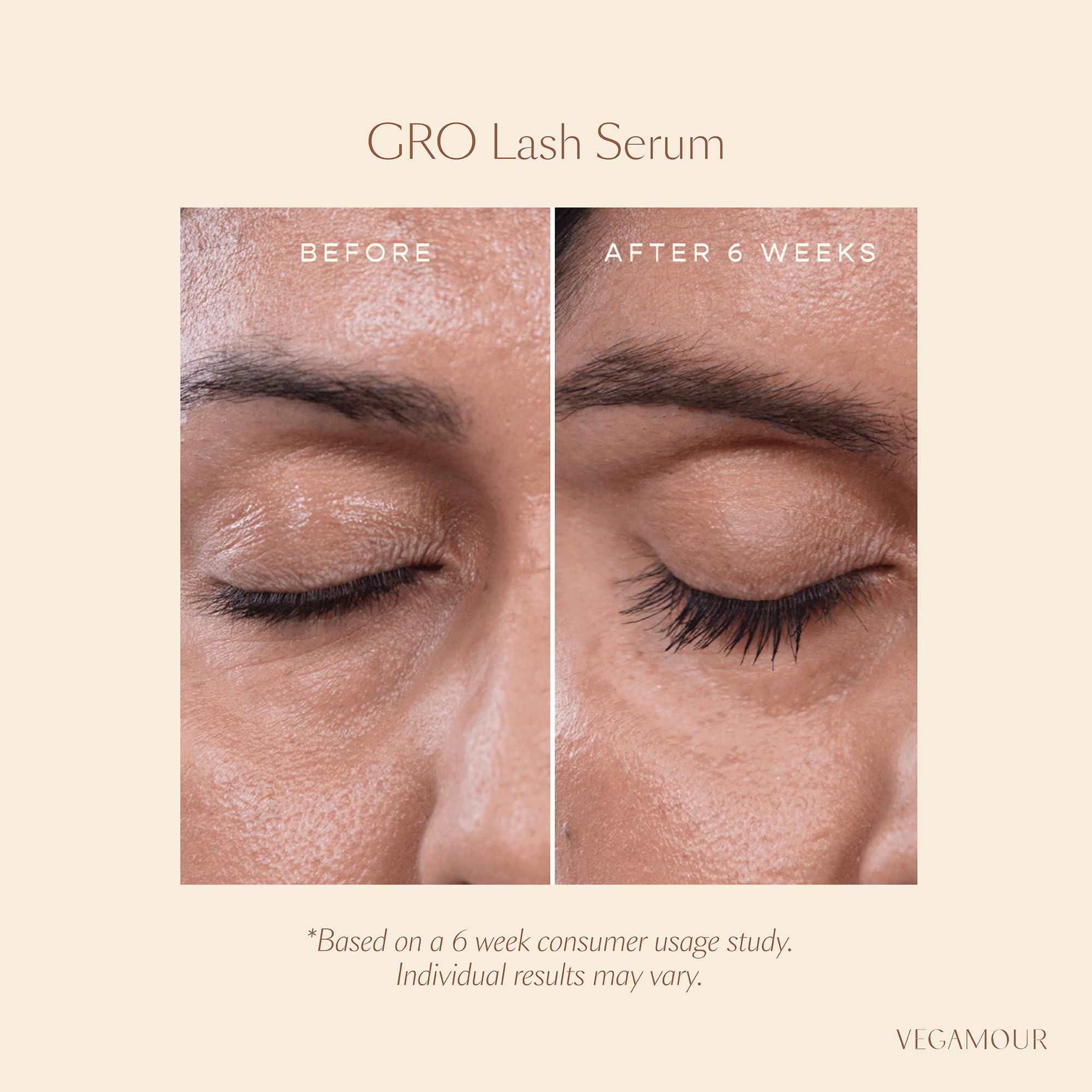 Close up view of the VEGAMOUR GRO lash serum container displaying product size and branding.