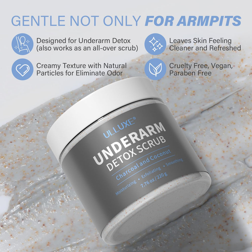 Texture shot of the grey charcoal and walnut shell powder exfoliating paste for dark underarms remover