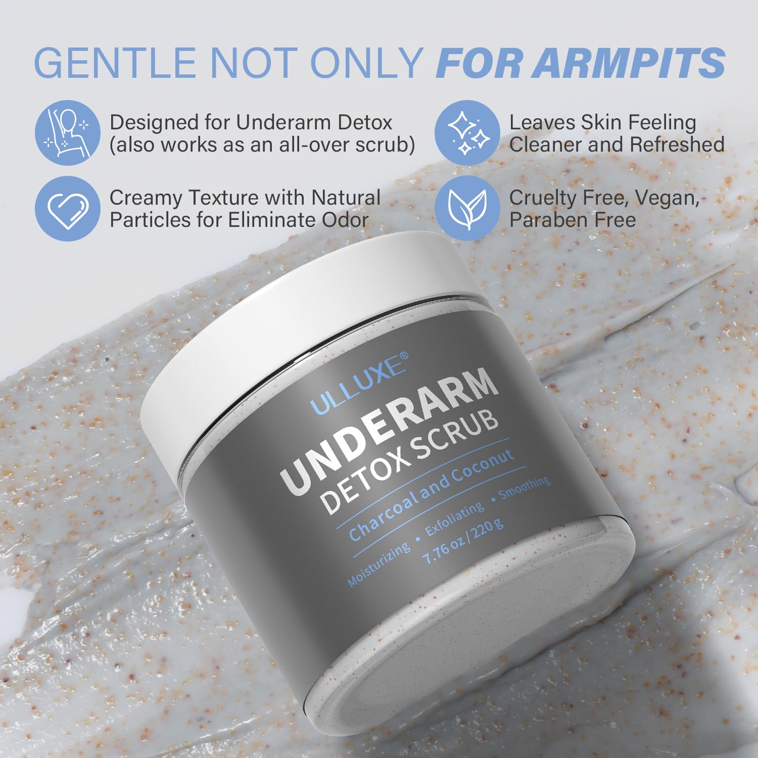 Texture shot of the grey charcoal and walnut shell powder exfoliating paste for dark underarms remover