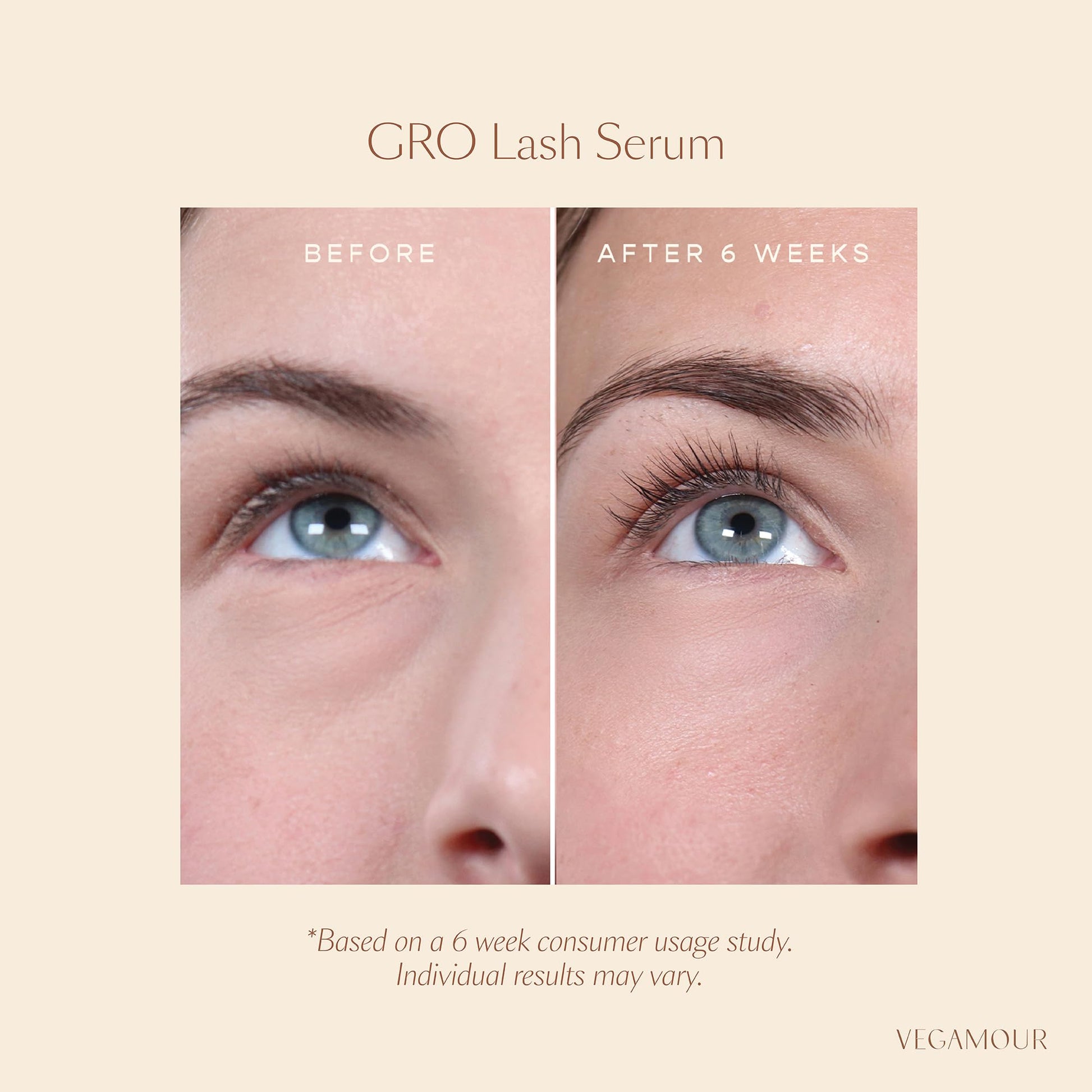 Authentic VEGAMOUR GRO lash serum three milliliters packaging highlighting the clean plant active ingredients.