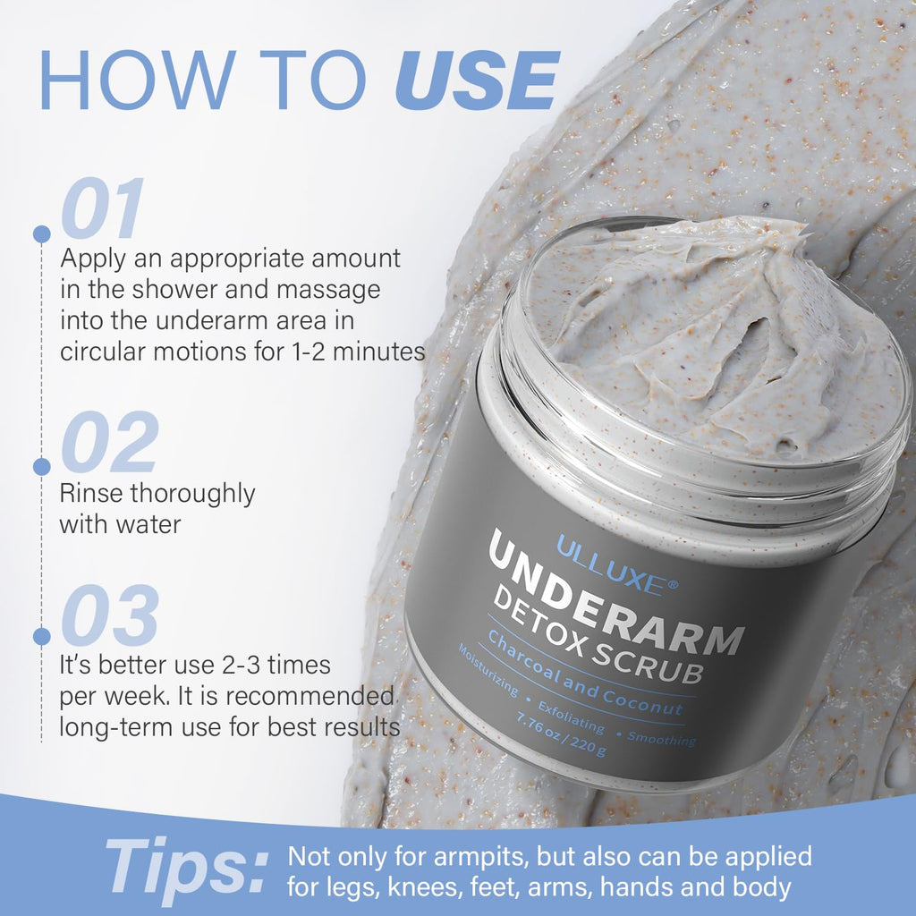Ulluxe underarm detox scrub style layout with fresh mint leaves and coconut elements visualizing ingredients