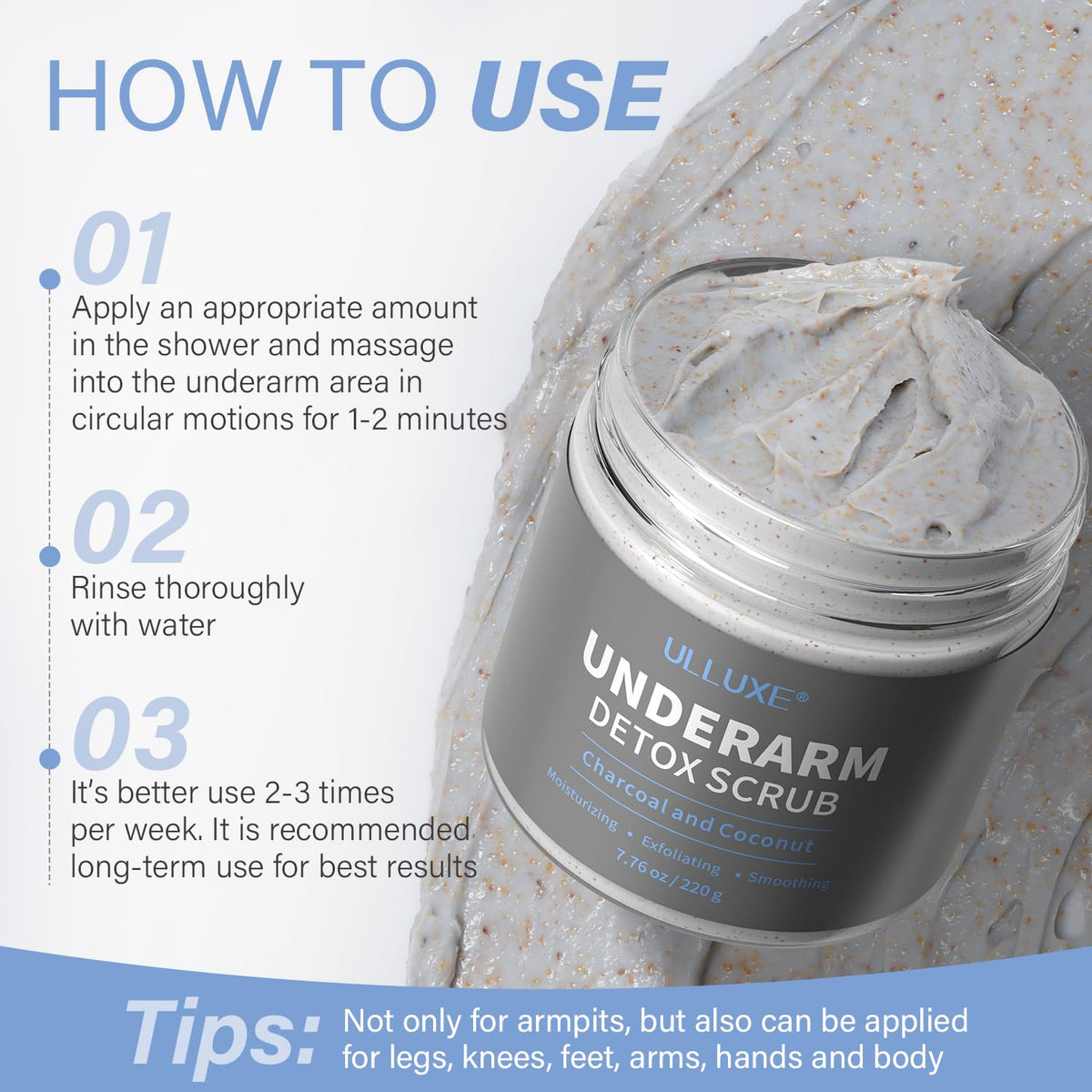 Ulluxe underarm detox scrub style layout with fresh mint leaves and coconut elements visualizing ingredients